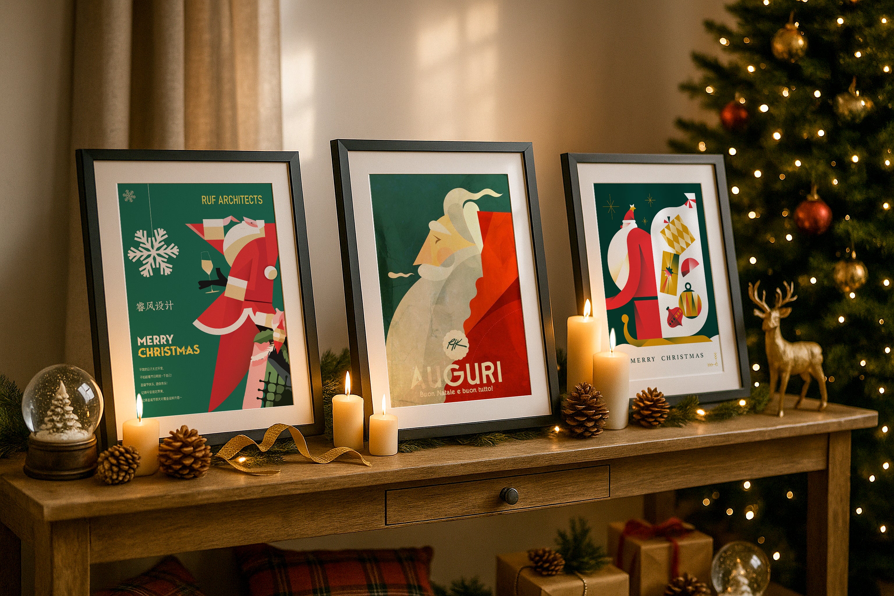 Christmas poster mockup with three black frames on wooden table, holiday wall art display with candles, pinecones, snow globe, reindeer and Christmas tree