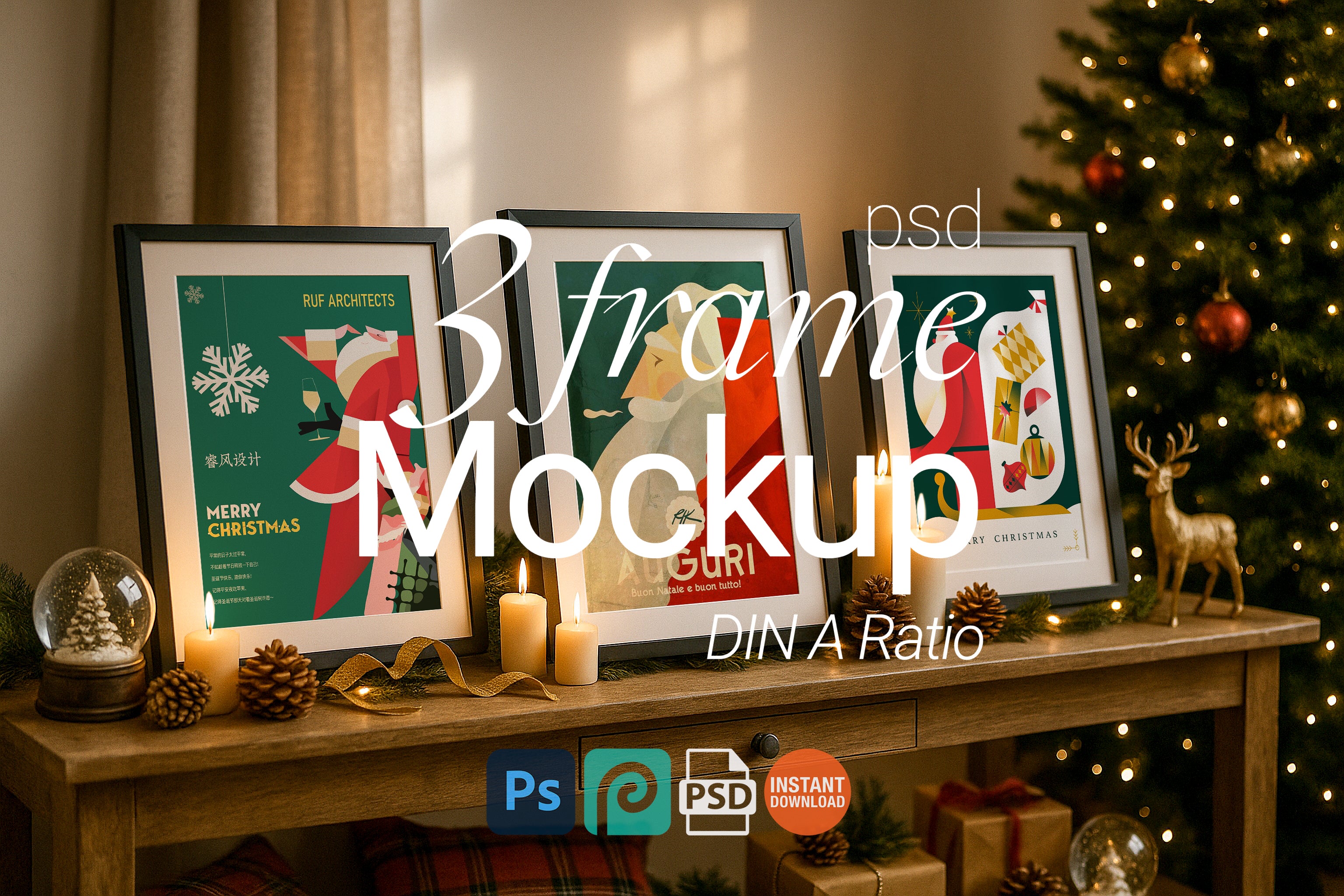 Christmas poster mockup with three black frames on wooden table, holiday wall art display with candles, pinecones, snow globe, reindeer and Christmas tree