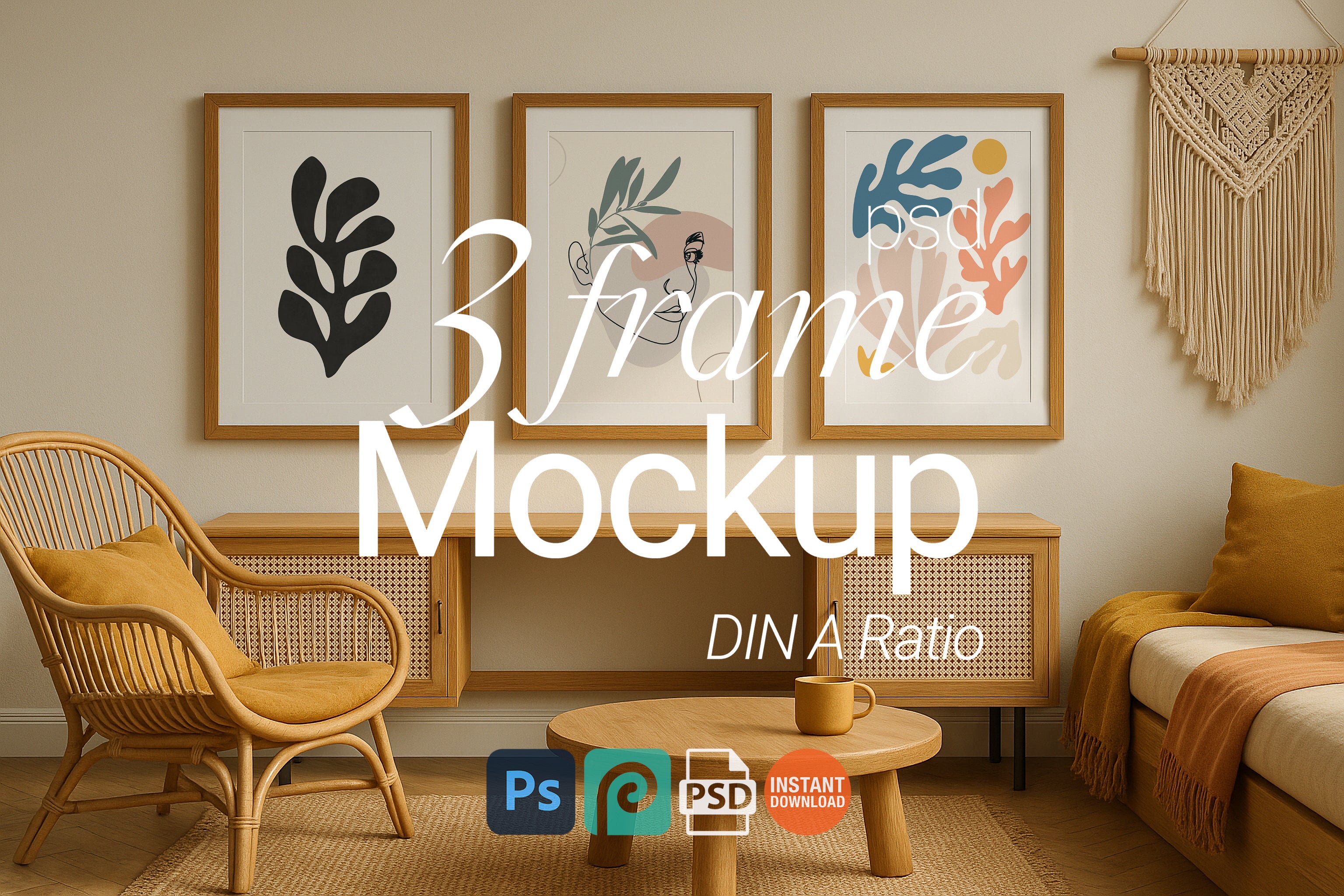 3 Frame Mockup Bohemian Interior Poster Display Wooden Wall Art Digital Print PSD Download