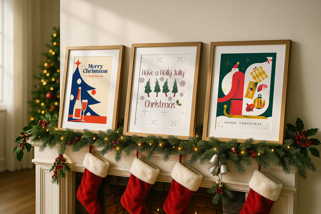 Christmas poster mockup with three wooden frames on decorated mantel, holiday wall art display with stockings, garland, bells and Christmas tree lights