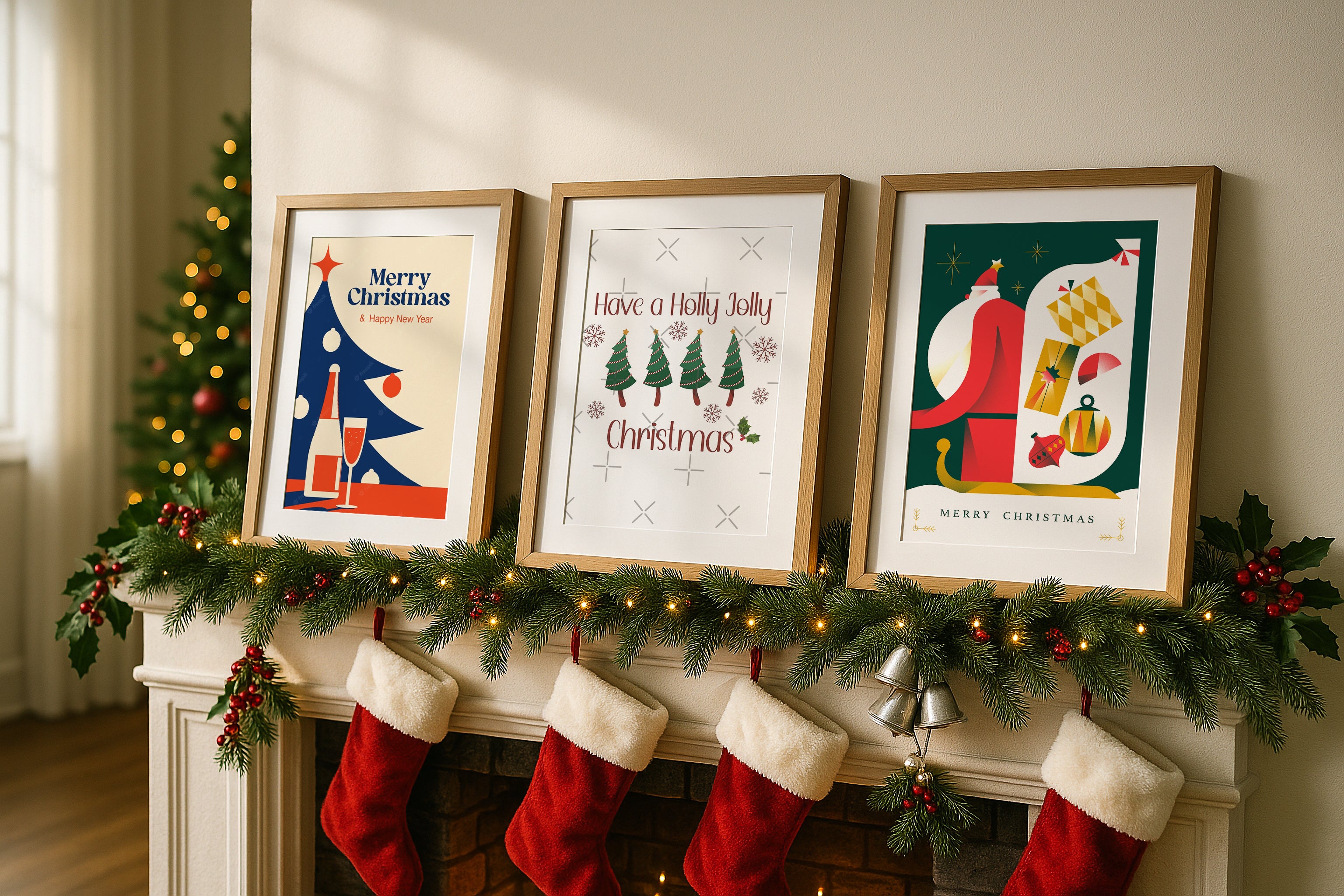Christmas poster mockup with three wooden frames on decorated mantel, holiday wall art display with stockings, garland, bells and Christmas tree lights