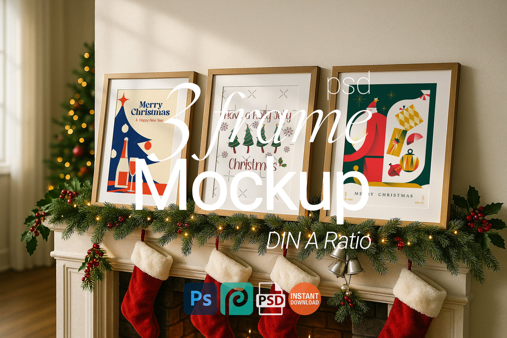 Christmas poster mockup with three wooden frames on decorated mantel, holiday wall art display with stockings, garland, bells and Christmas tree lights