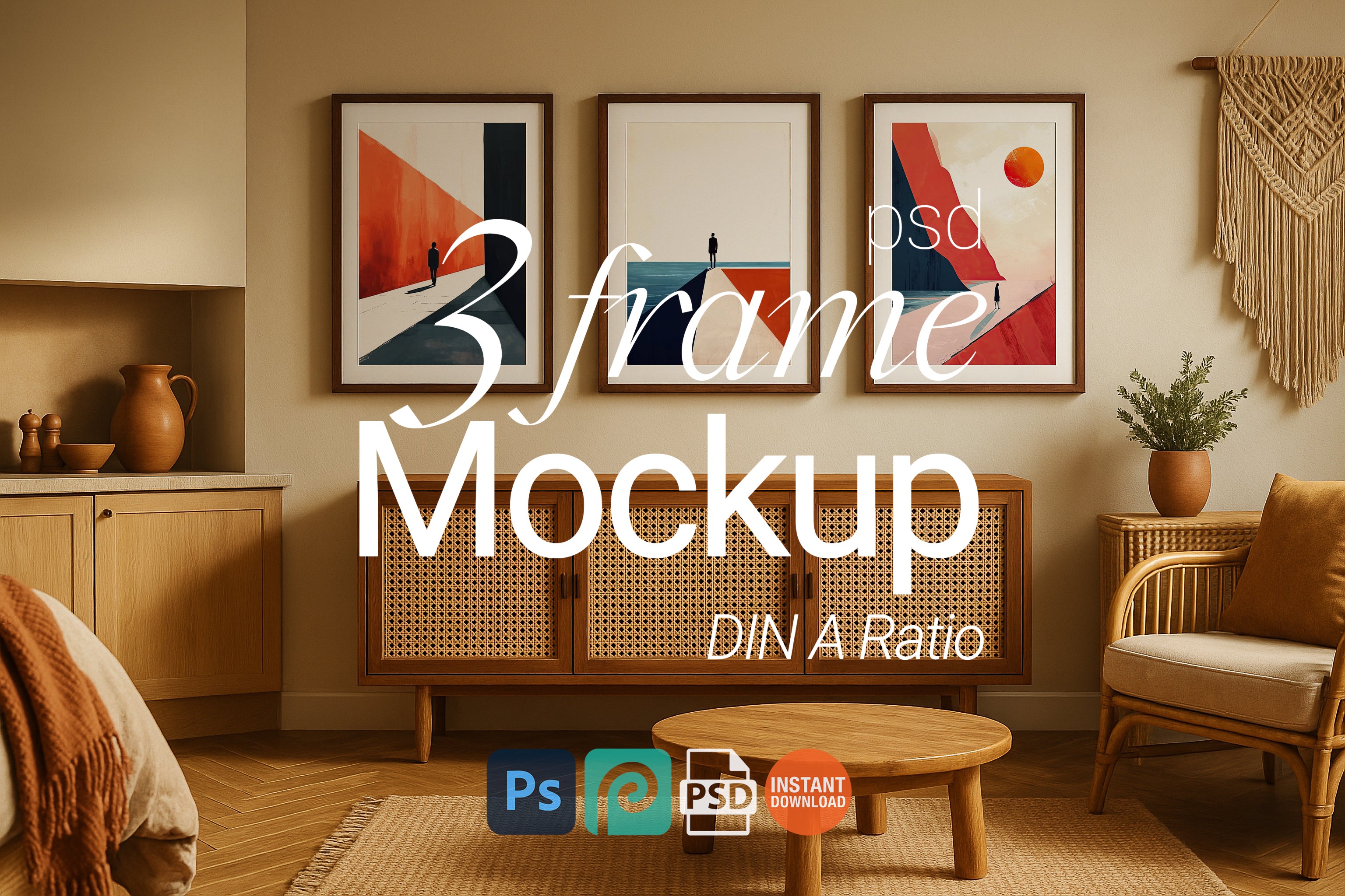 Triple Frame Mockup Boho Living Room Poster Display Wooden Wall Art Digital PSD