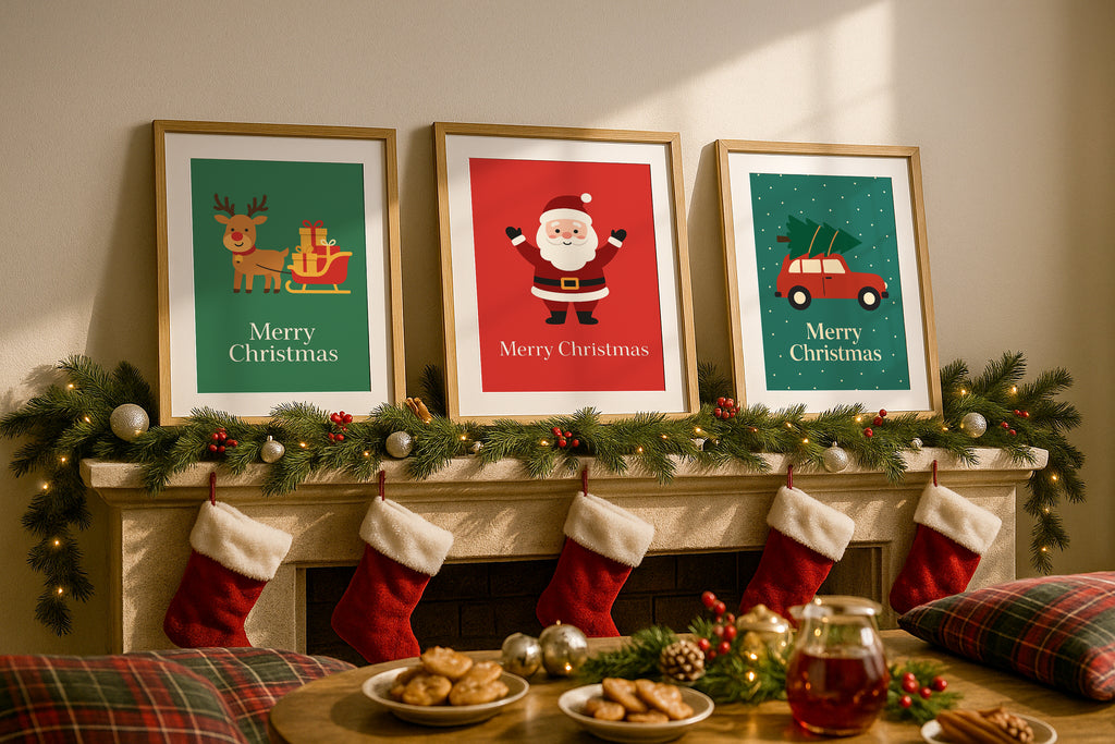 Christmas poster mockup with three wooden frames above festive fireplace, holiday wall art display with stockings, garland and cozy seasonal decor.
