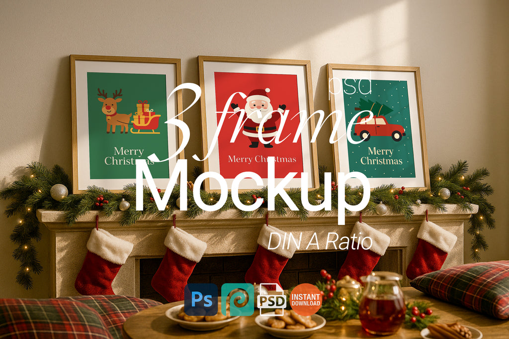 Triple Christmas Frame Mockup Festive Gallery Wall Art Digital Poster Display PSD Download