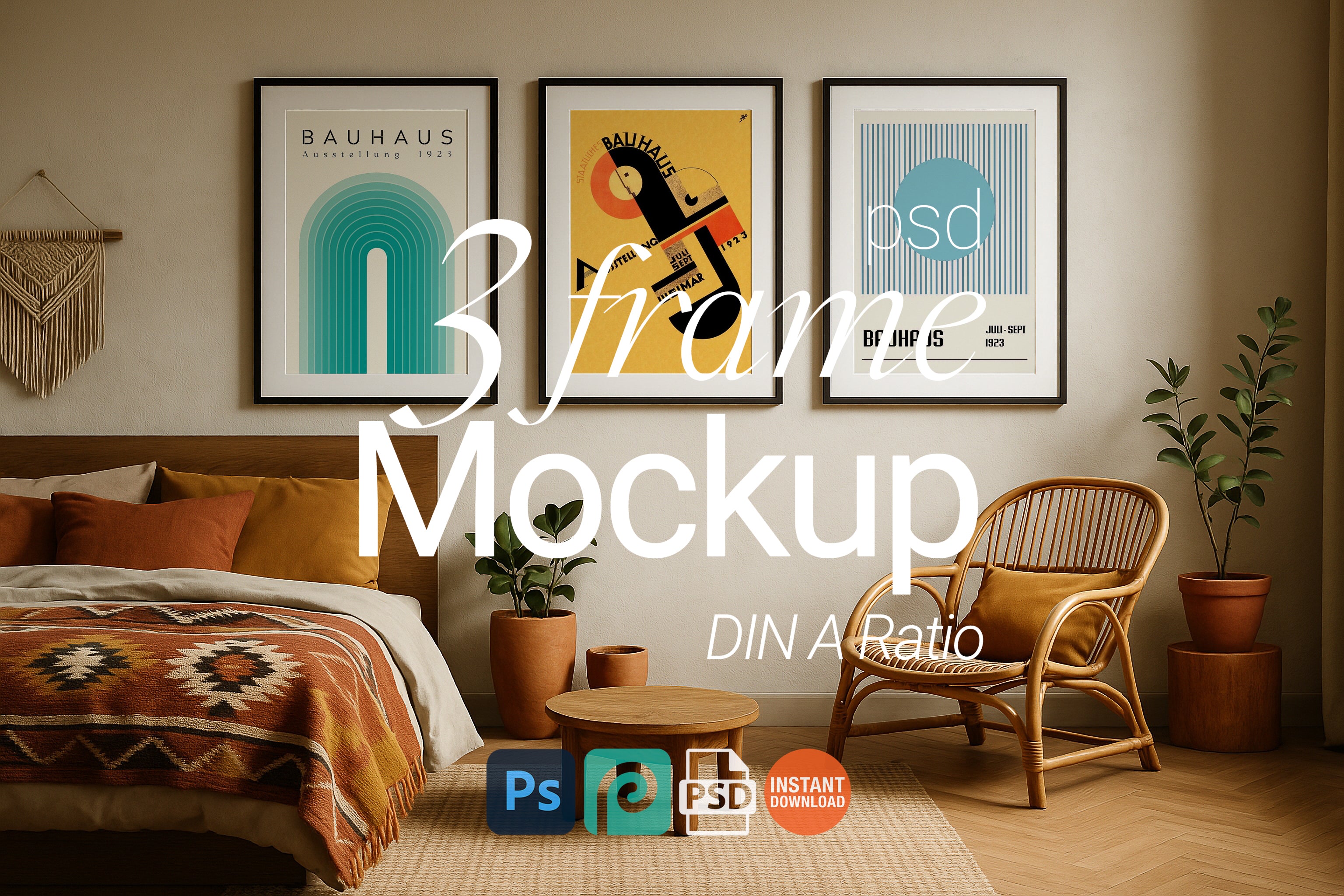 Triple Frame Mockup Boho Bedroom Poster Display Black Wall Art PSD Digital Download