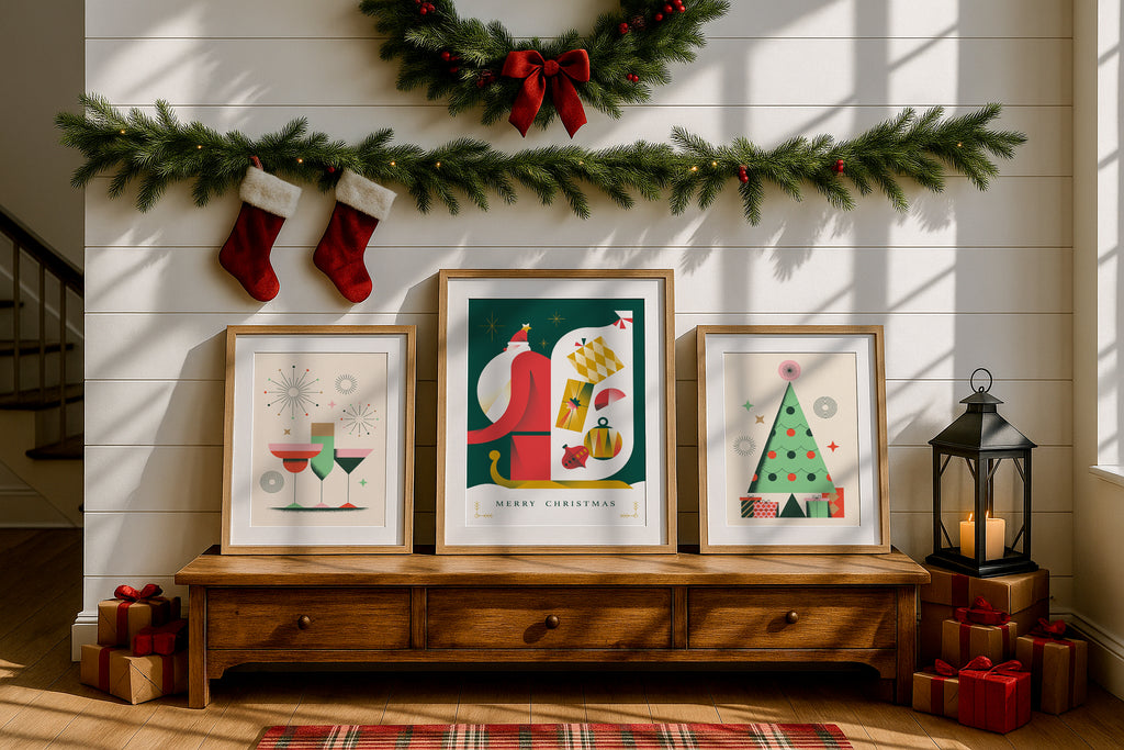 Christmas poster mockup with three wooden frames, holiday wall art display with garland, stockings, wreath, lantern and wrapped gifts in cozy decor