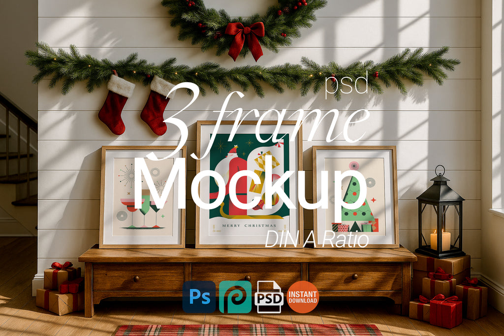 Christmas poster mockup with three wooden frames, holiday wall art display with garland, stockings, wreath, lantern and wrapped gifts in cozy decor