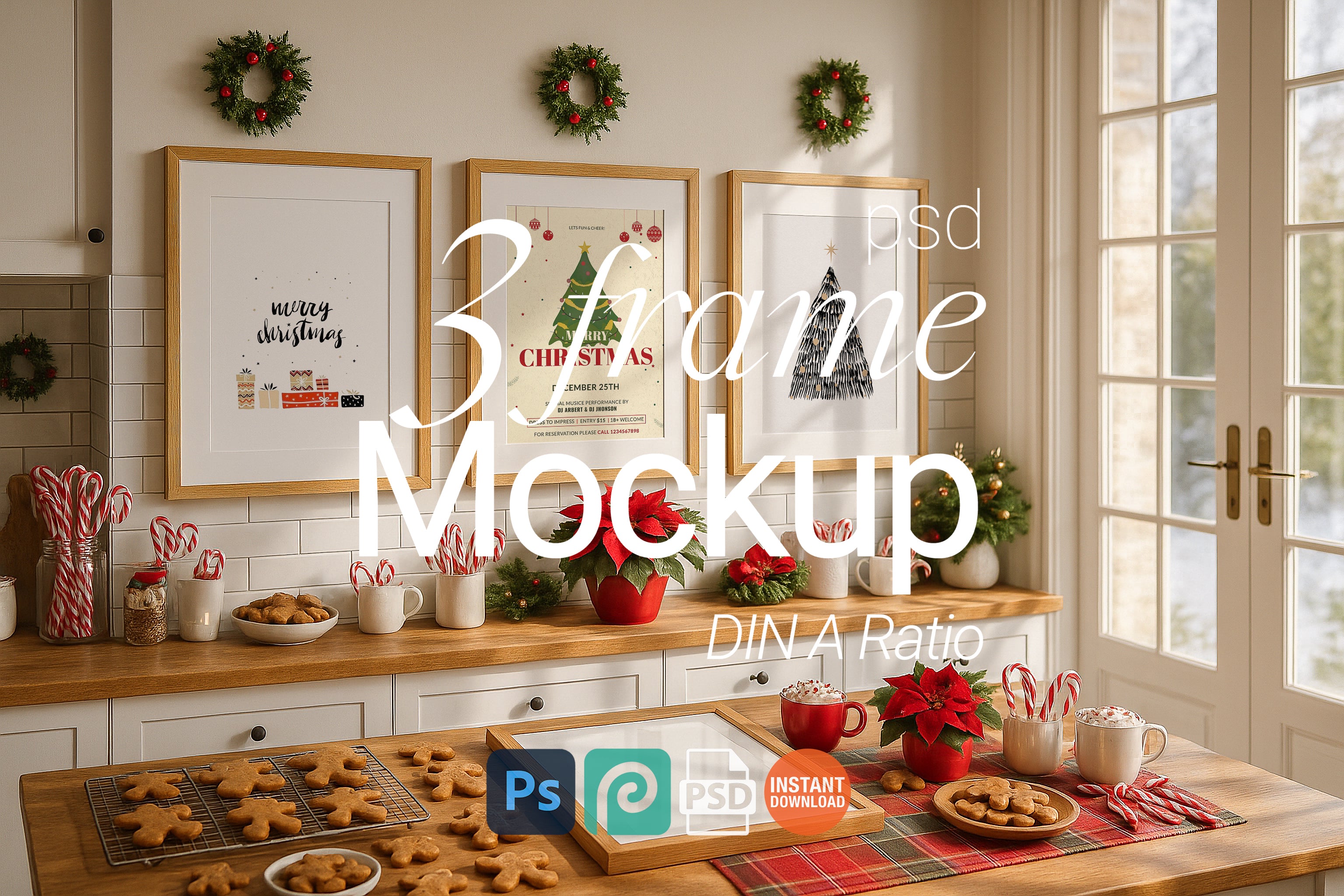 Triple Christmas Frame Mockup Festive Gallery Wall Art Digital Poster Display PSD Download
