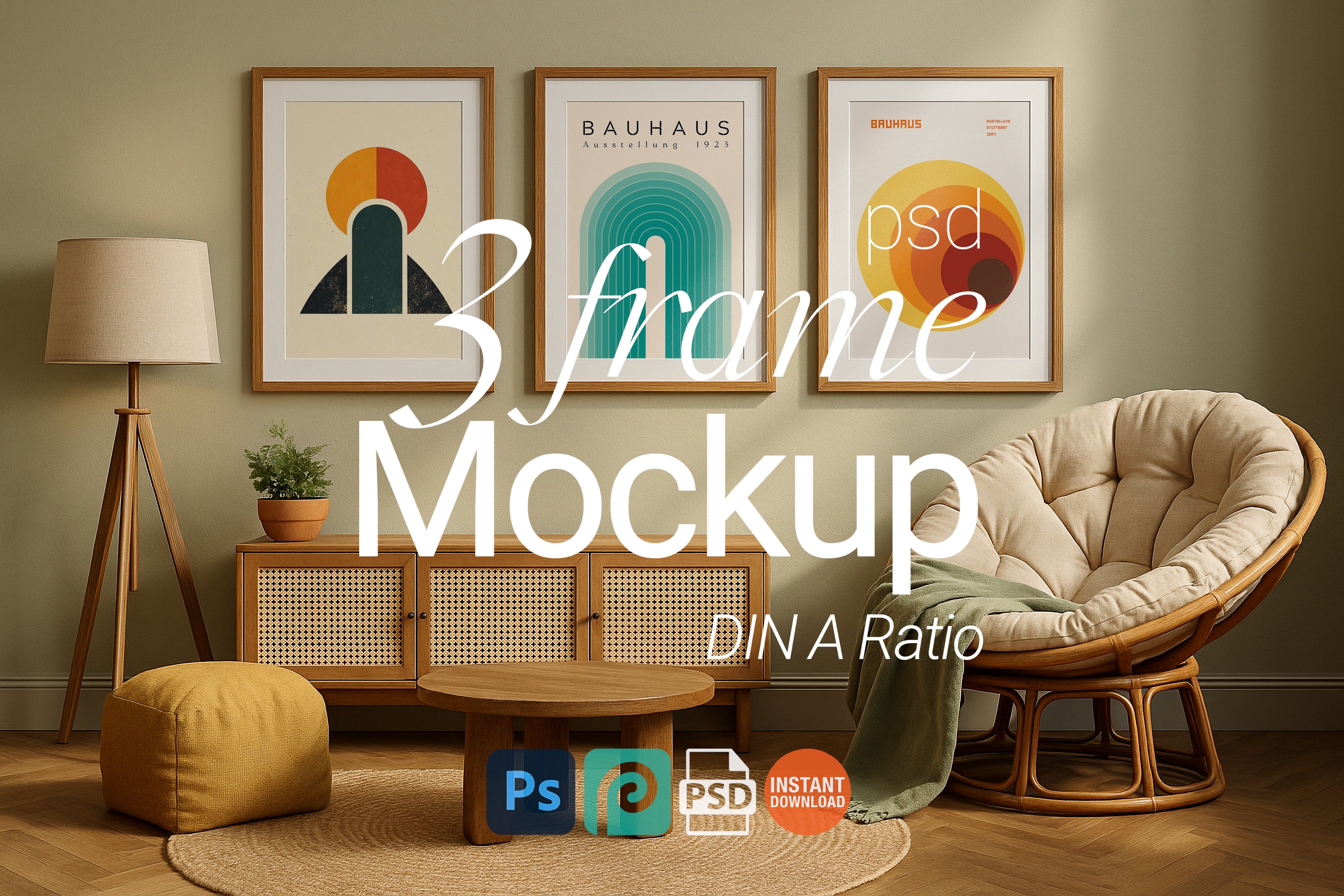 3 Frame Mockup Living Room Poster Display Wooden Boho Wall Art PSD Digital Download