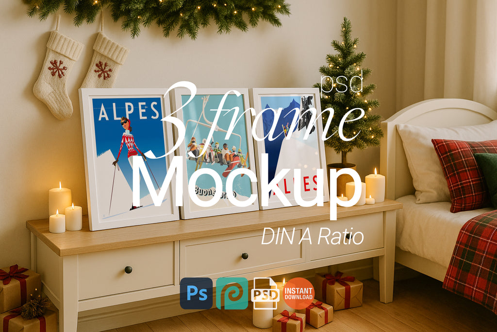 Christmas Triple Frame Mockup Bedroom Wall Art Poster Display Winter Festive Digital PSD