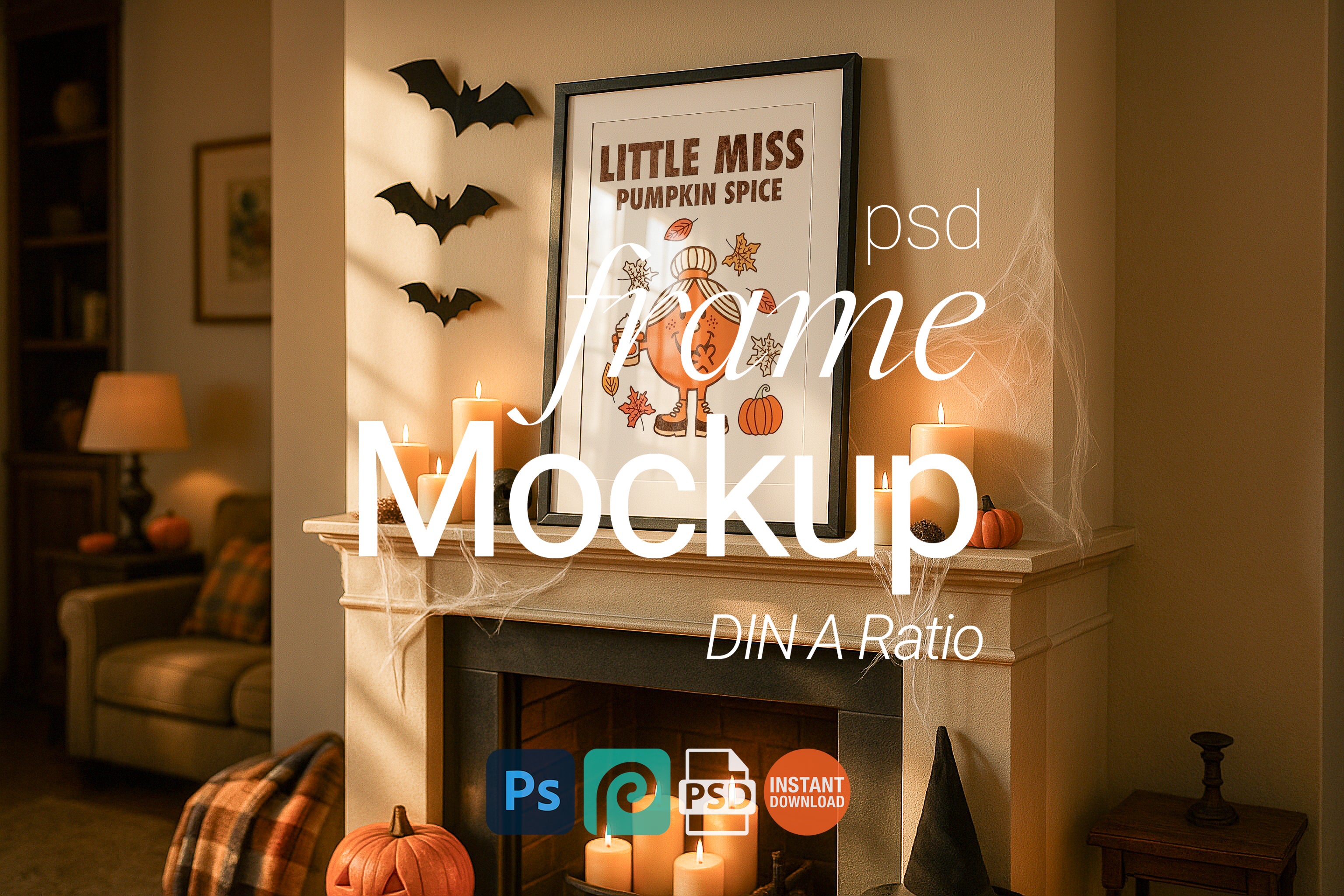 Halloween Single Frame Mockup Fireplace Wall Art Digital Poster PSD Template