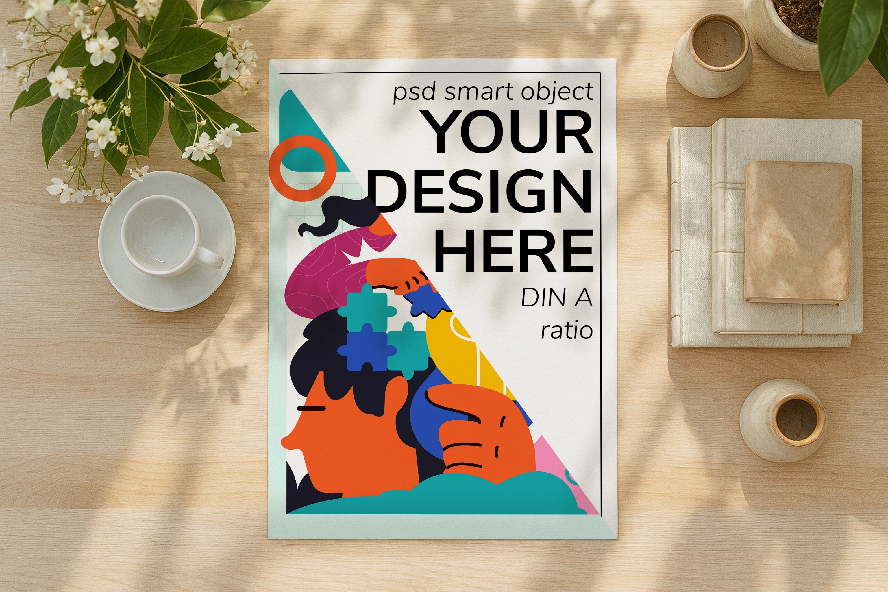 Poster mockup on wooden desk with flowers and books, A4 A3 print mockup PSD template for artwork, wall art, photography, graphic design and digital prints