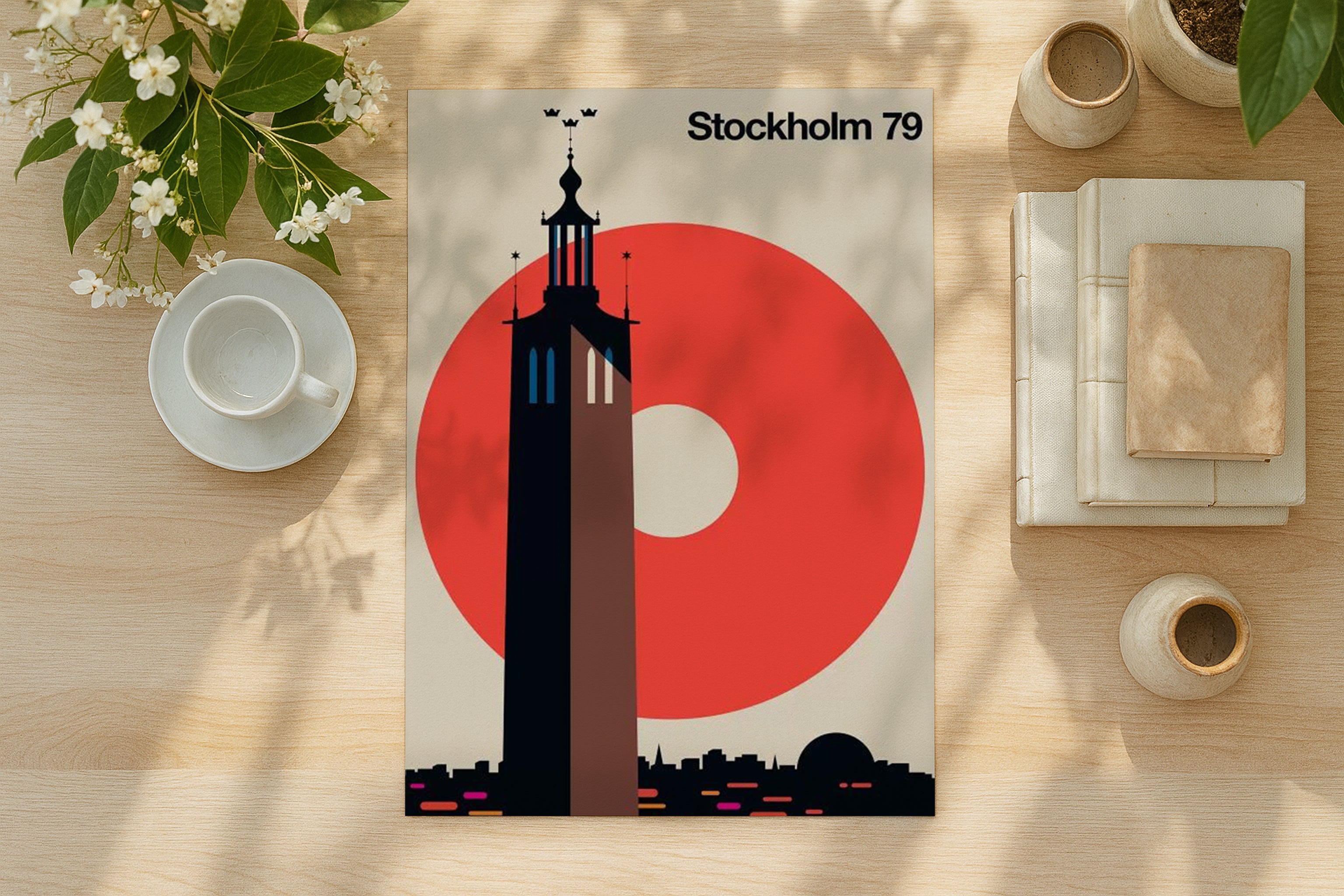 Poster mockup on wooden desk with flowers and books, A4 A3 print mockup PSD template for artwork, wall art, photography, graphic design and digital prints