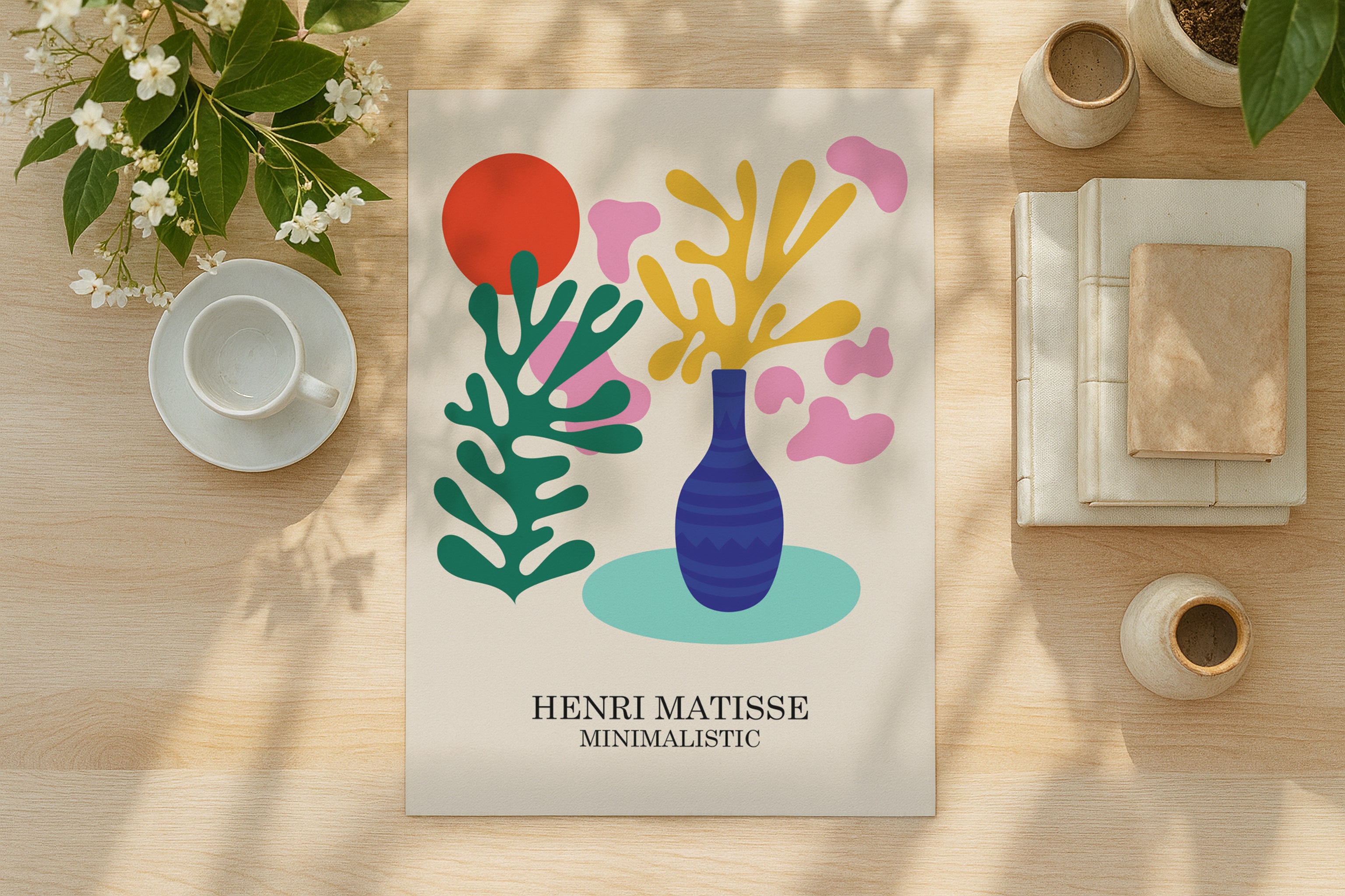 Poster mockup on wooden desk with flowers and books, A4 A3 print mockup PSD template for artwork, wall art, photography, graphic design and digital prints
