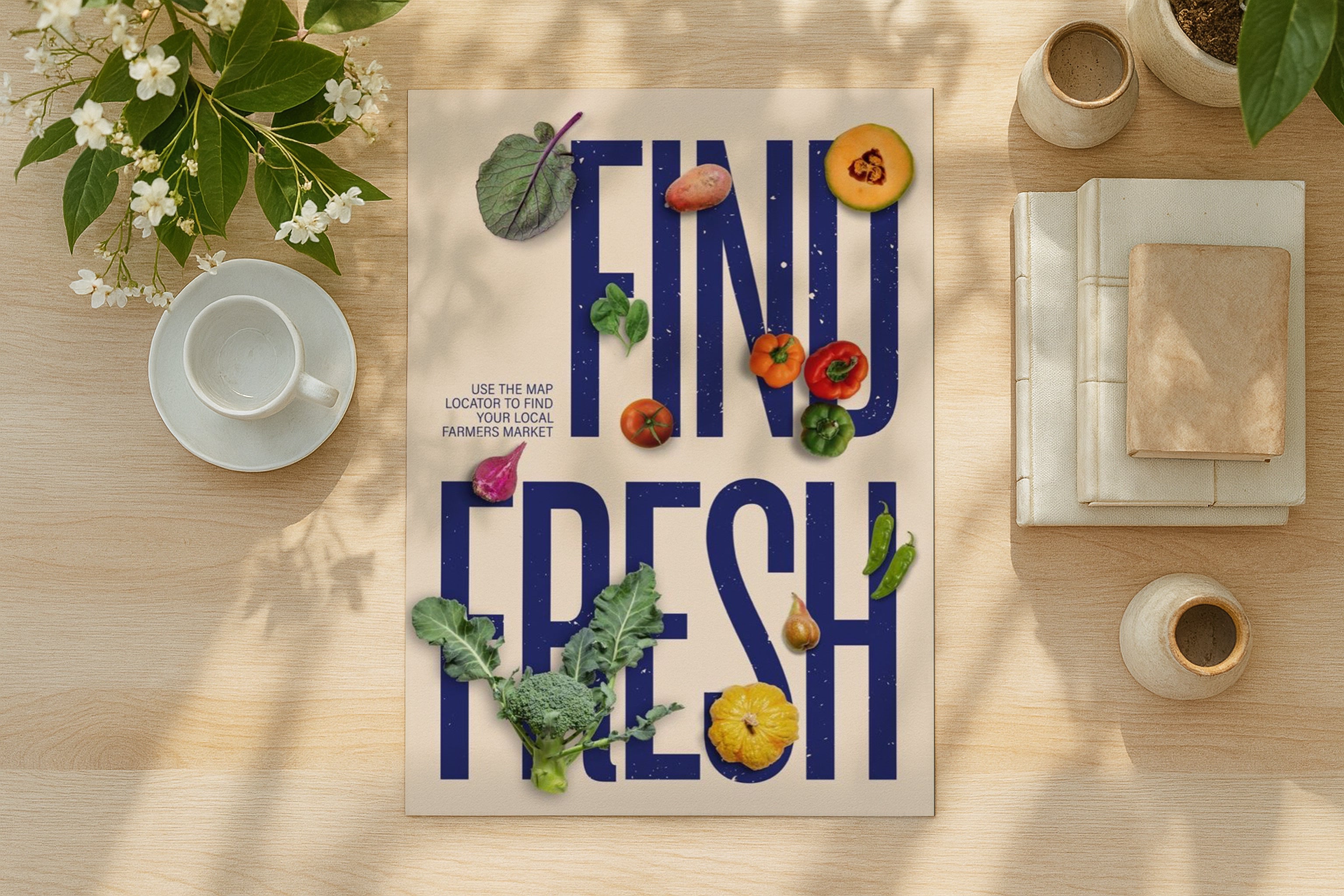 Poster mockup on wooden desk with flowers and books, A4 A3 print mockup PSD template for artwork, wall art, photography, graphic design and digital prints