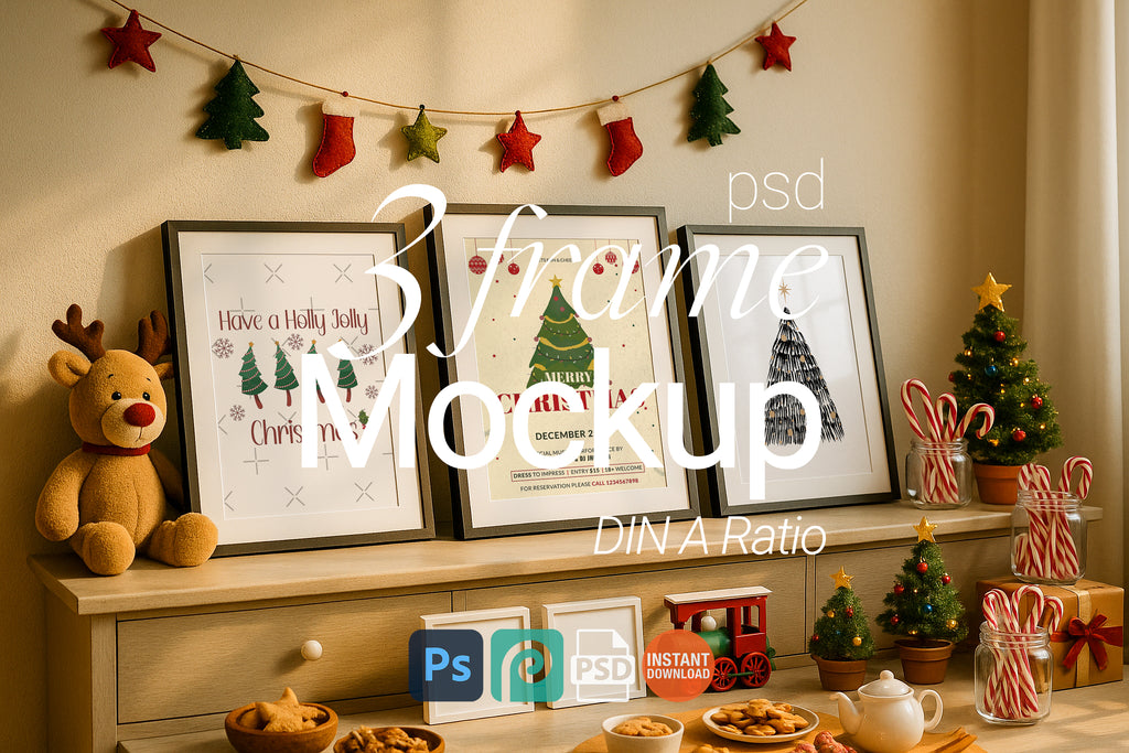 Triple Christmas Frame Mockup Festive Gallery Wall Art Digital Poster Display PSD Download