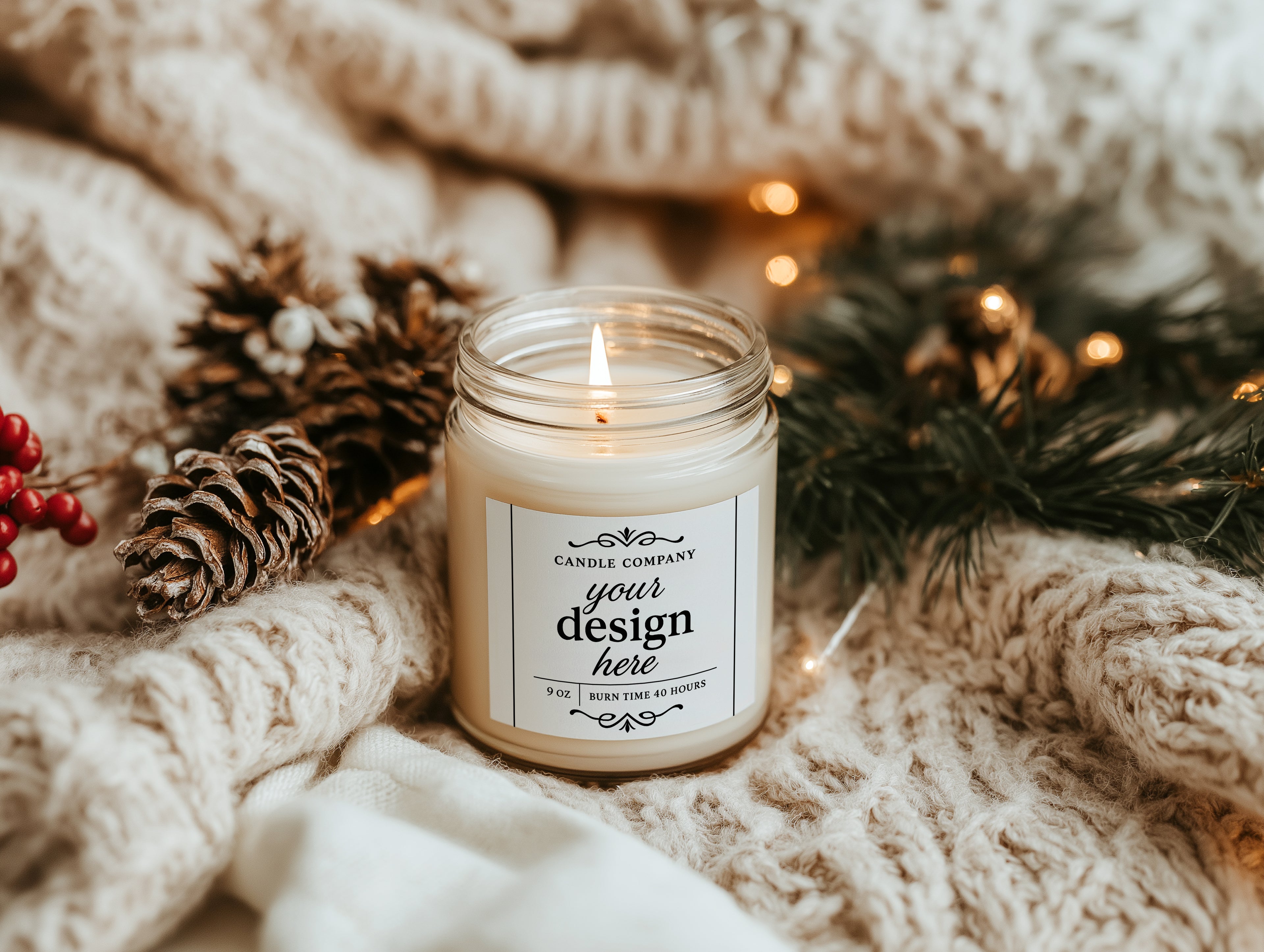 Cozy Christmas Candle Mockup PSD Clear Glass Jar Printify Label Template