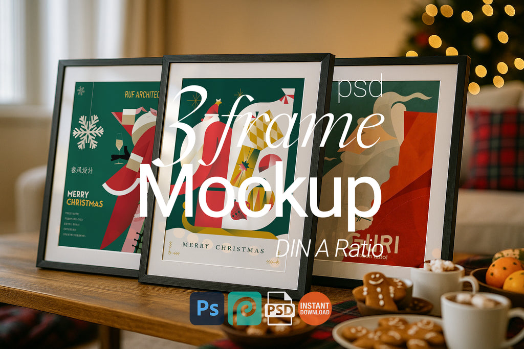 Triple Christmas Frame Mockup Festive Gallery Wall Art Digital Poster Display PSD Download