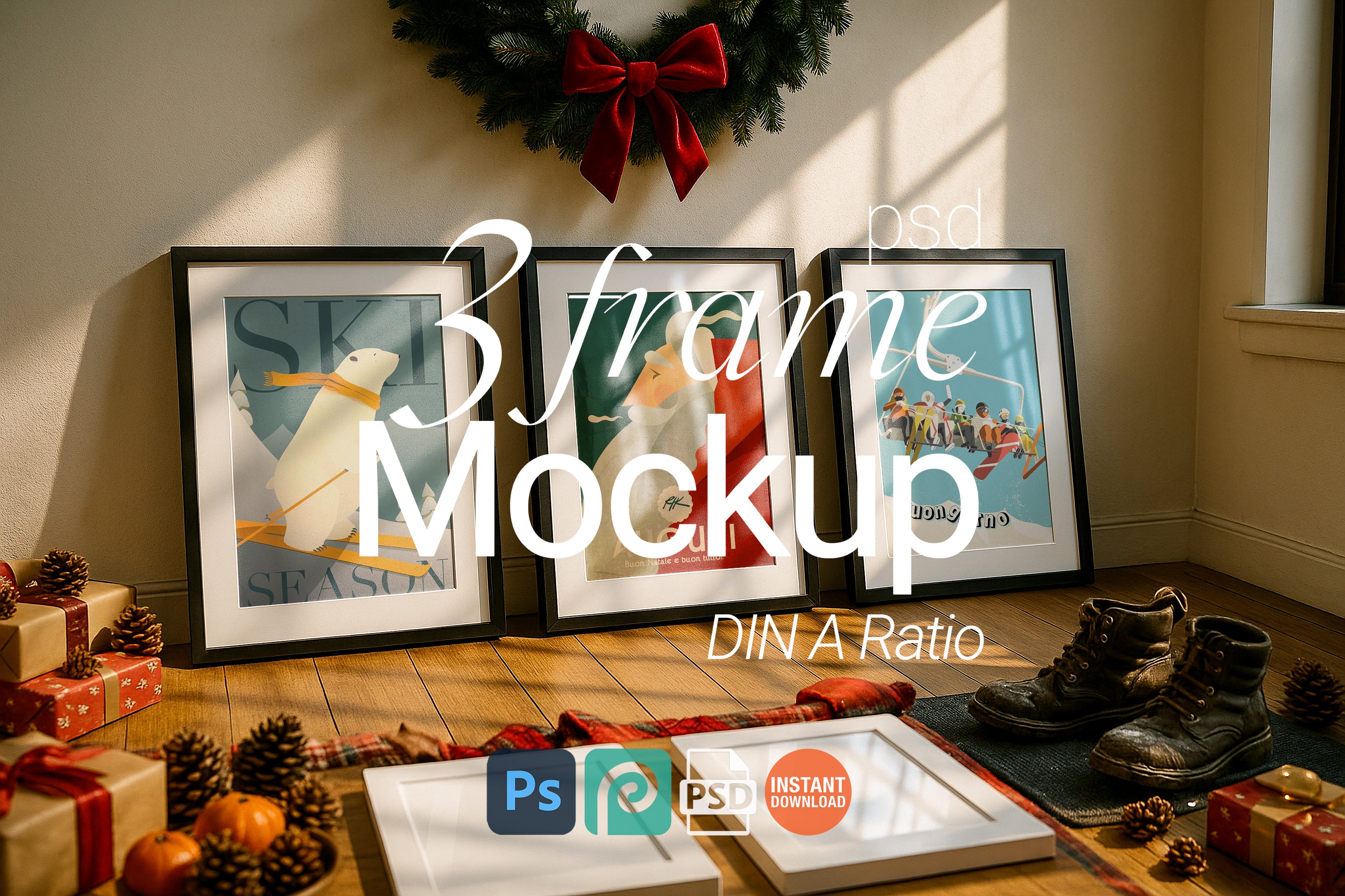 Christmas Triple Frame Mockup Living Room Wall Art Poster Display Winter Festive Digital PSD