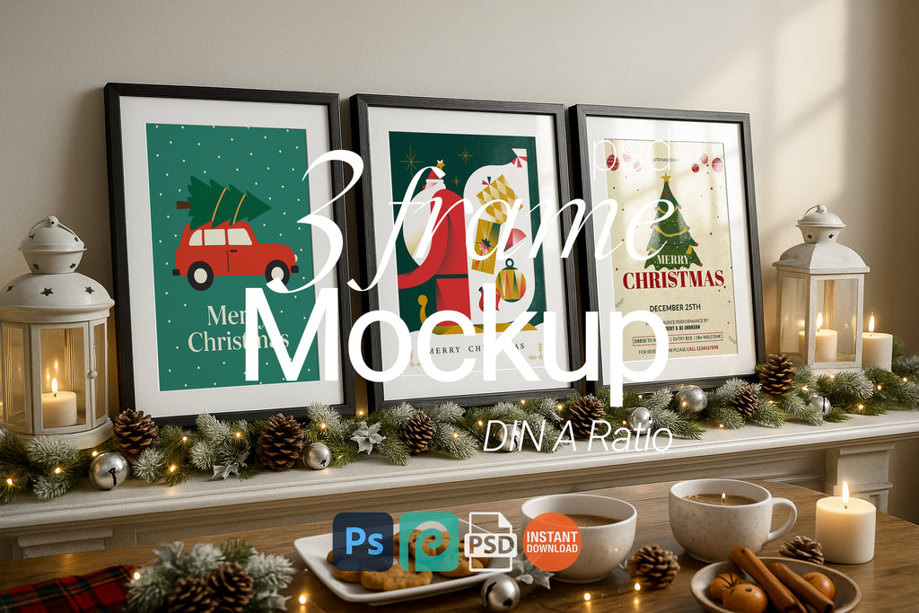 Triple Christmas Frame Mockup 3 Festive Gallery Wall Art Digital Poster Display PSD Download