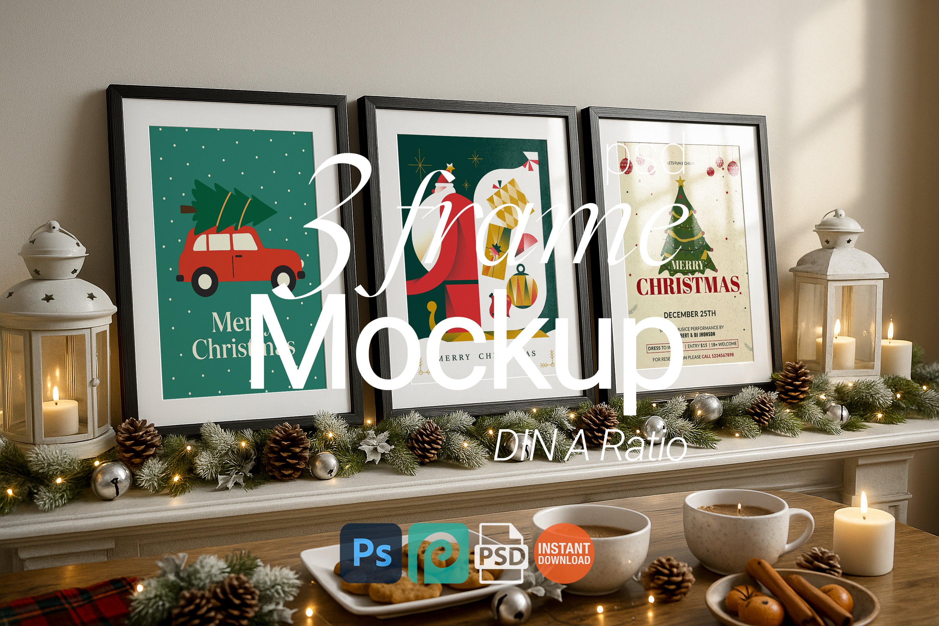 Triple Christmas Frame Mockup 3 Festive Gallery Wall Art Digital Poster Display PSD Download