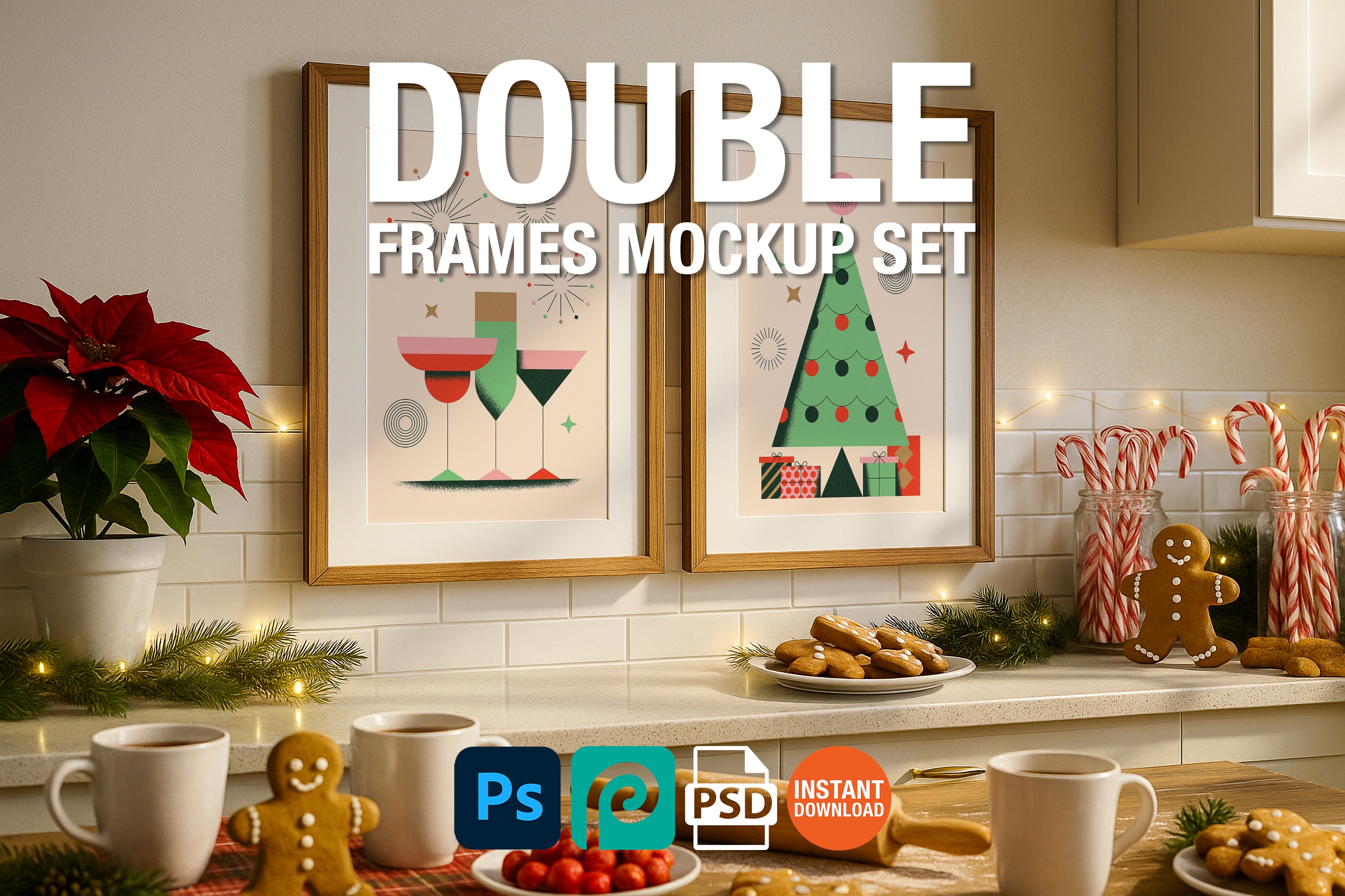 Christmas kitchen frame mockup with two wooden frames on backsplash surrounded by poinsettia plant, candy canes in jars, gingerbread cookies, rolling pin, holiday lights, and festive decor.