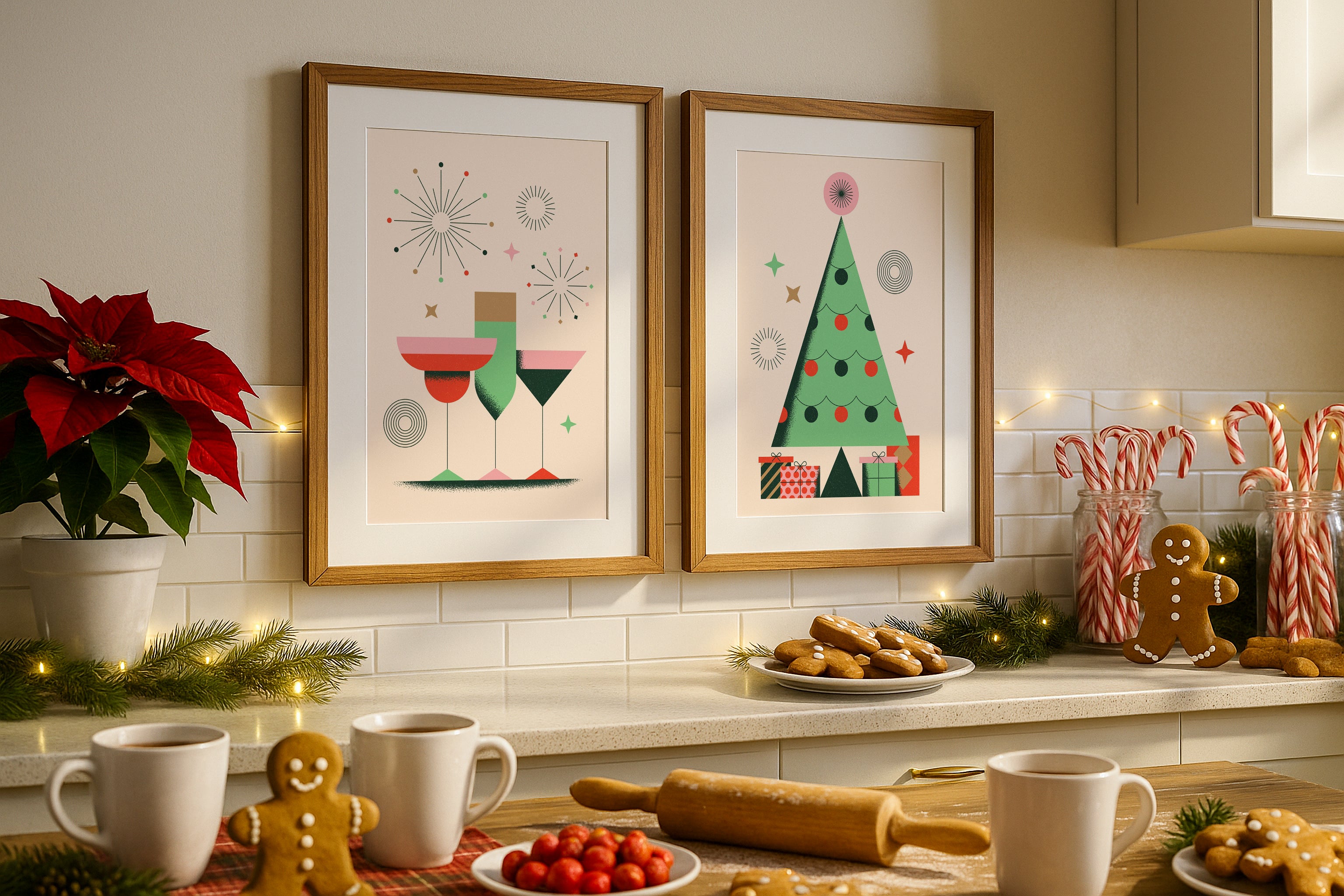 Christmas kitchen frame mockup with two wooden frames on backsplash surrounded by poinsettia plant, candy canes in jars, gingerbread cookies, rolling pin, holiday lights, and festive decor.