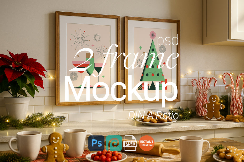 Christmas kitchen frame mockup with two wooden frames on backsplash surrounded by poinsettia plant, candy canes in jars, gingerbread cookies, rolling pin, holiday lights, and festive decor.