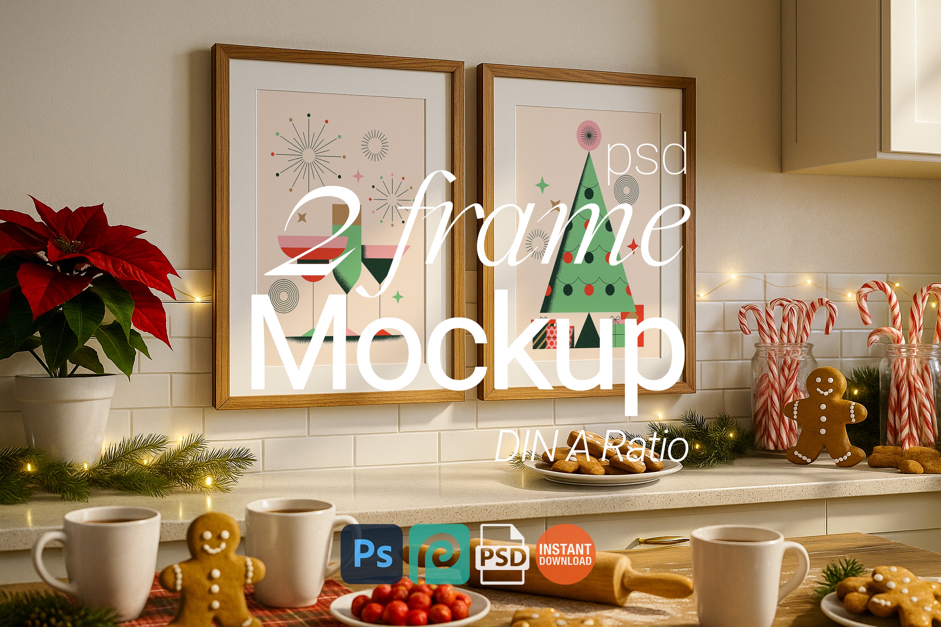 Christmas kitchen frame mockup with two wooden frames on backsplash surrounded by poinsettia plant, candy canes in jars, gingerbread cookies, rolling pin, holiday lights, and festive decor.