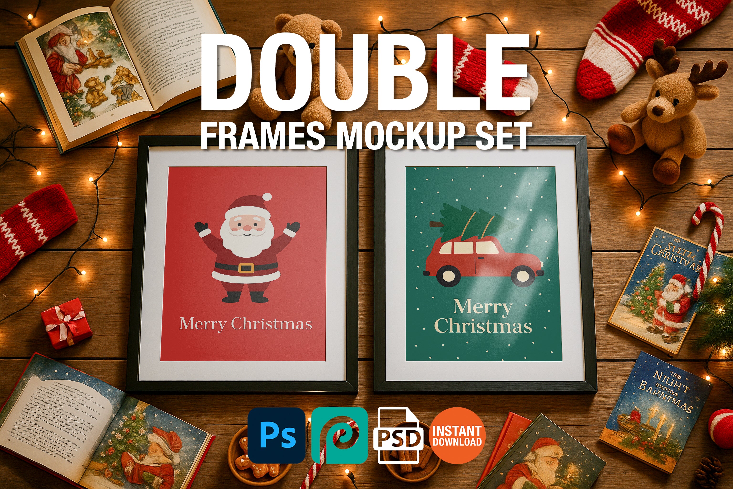 Christmas frame mockup with two black frames on wooden table surrounded by fairy lights, teddy bears, stockings, reindeer plush, Santa books, candy canes, gingerbread cookies, and festive holiday decor.