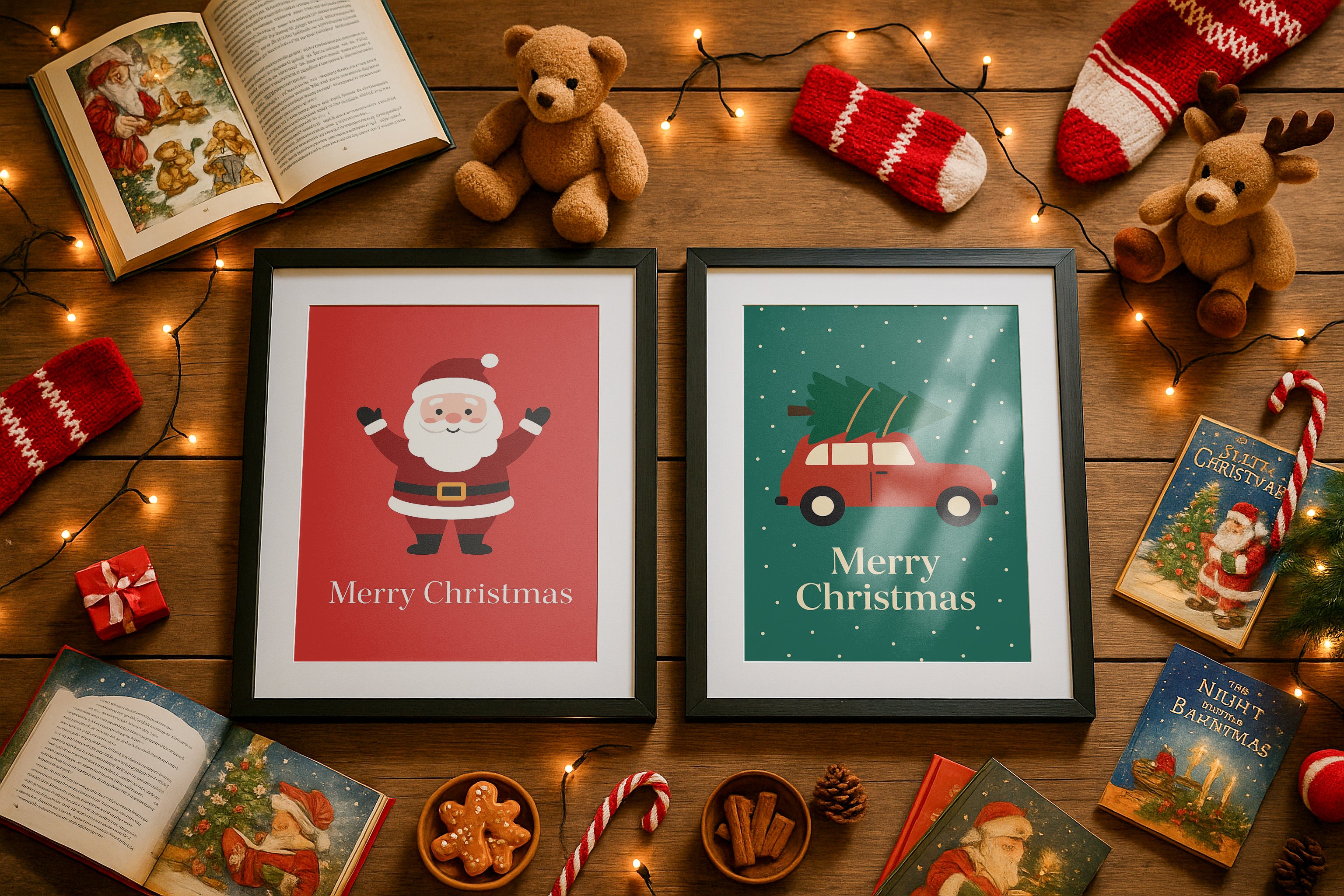 Christmas frame mockup with two black frames on wooden table surrounded by fairy lights, teddy bears, stockings, reindeer plush, Santa books, candy canes, gingerbread cookies, and festive holiday decor.
