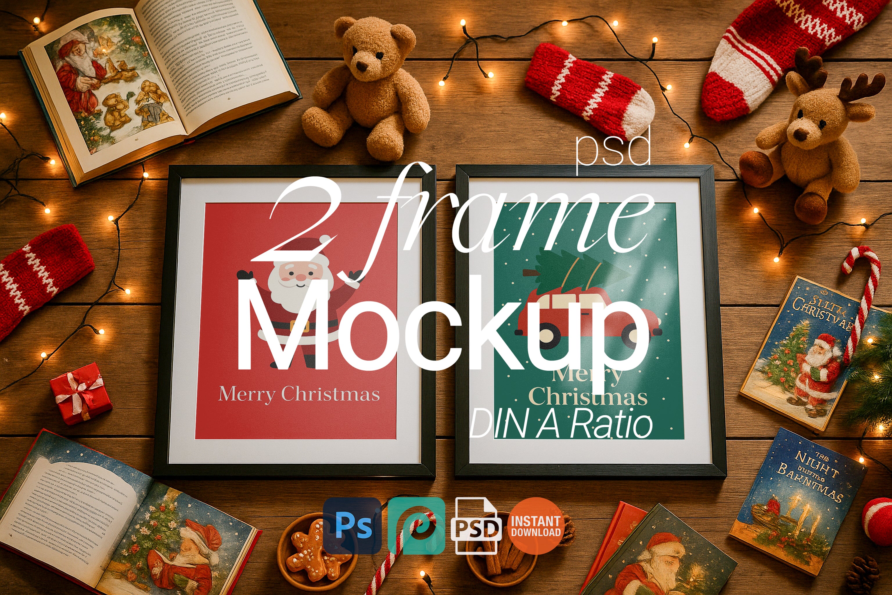 Christmas frame mockup with two black frames on wooden table surrounded by fairy lights, teddy bears, stockings, reindeer plush, Santa books, candy canes, gingerbread cookies, and festive holiday decor.