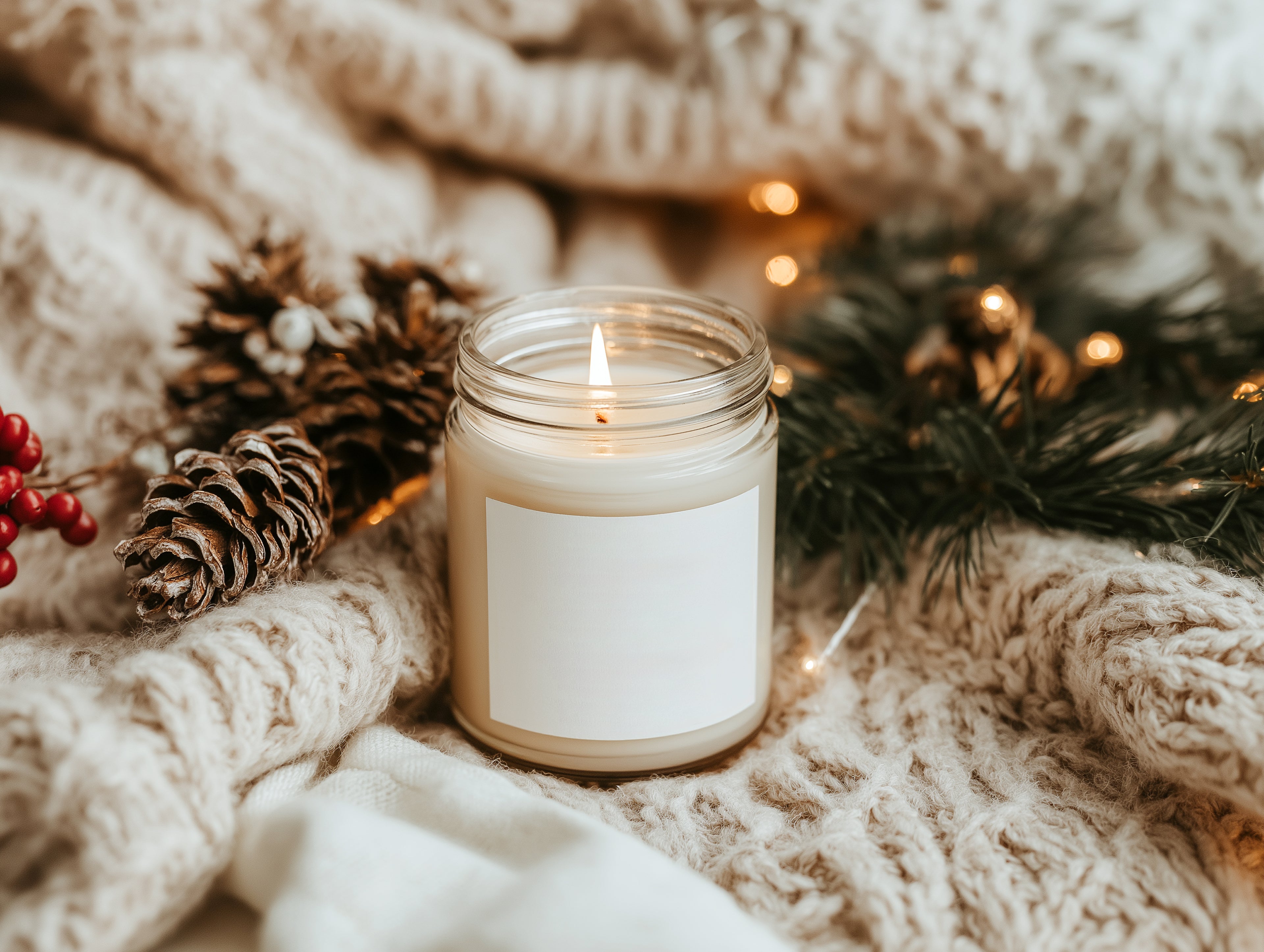 Cozy Christmas Candle Mockup PSD Clear Glass Jar Printify Label Template