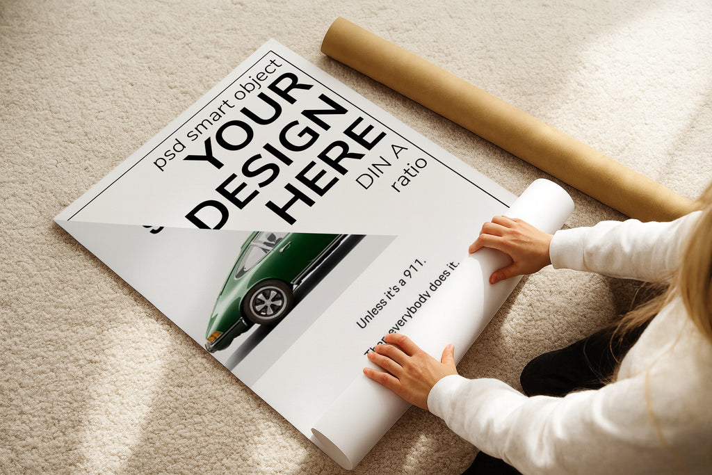 DIN A Ratio poster mockup on beige carpet with hands rolling print, PSD smart object template for artwork, photography, graphic design and Etsy wall art display