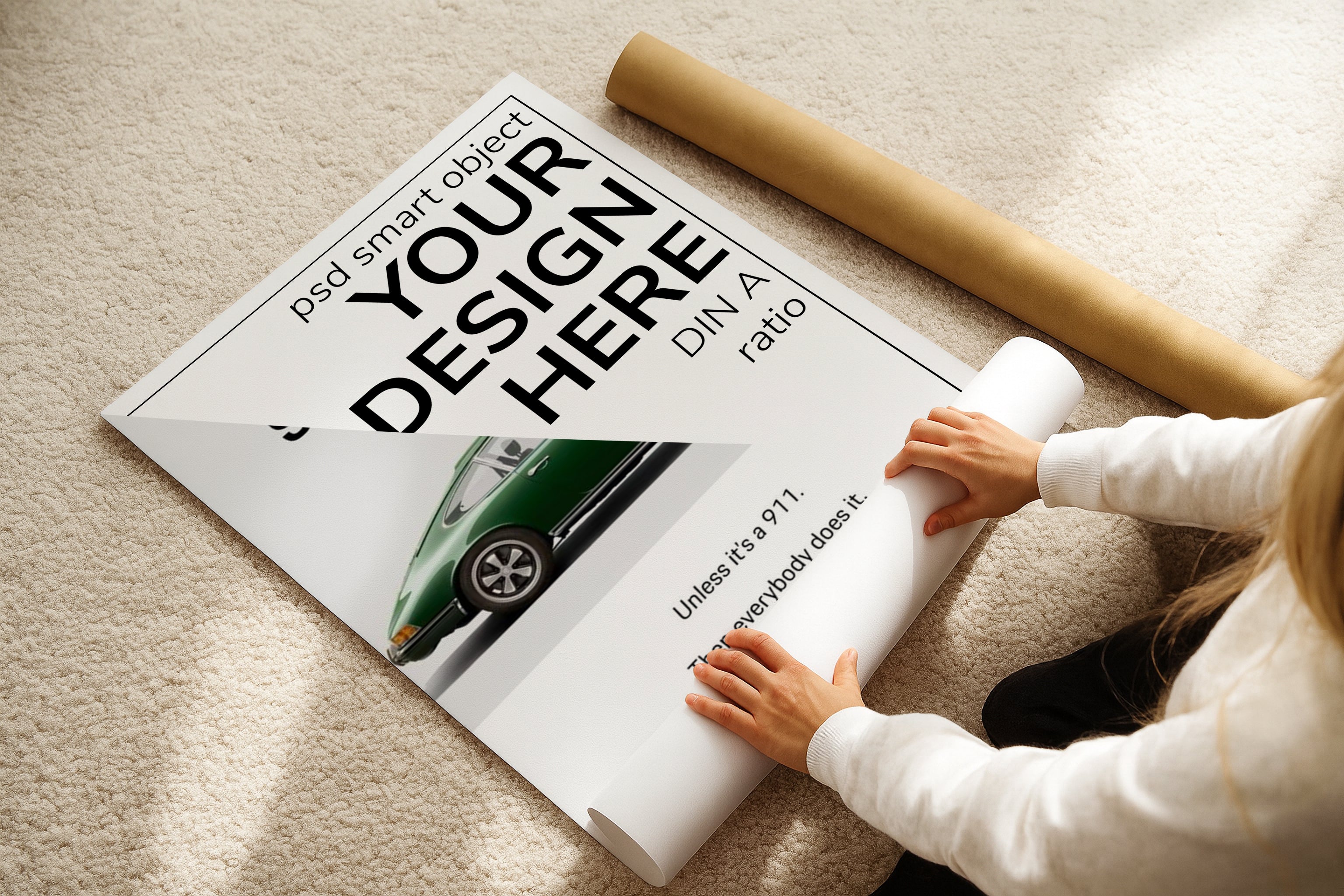 DIN A Ratio poster mockup on beige carpet with hands rolling print, PSD smart object template for artwork, photography, graphic design and Etsy wall art display