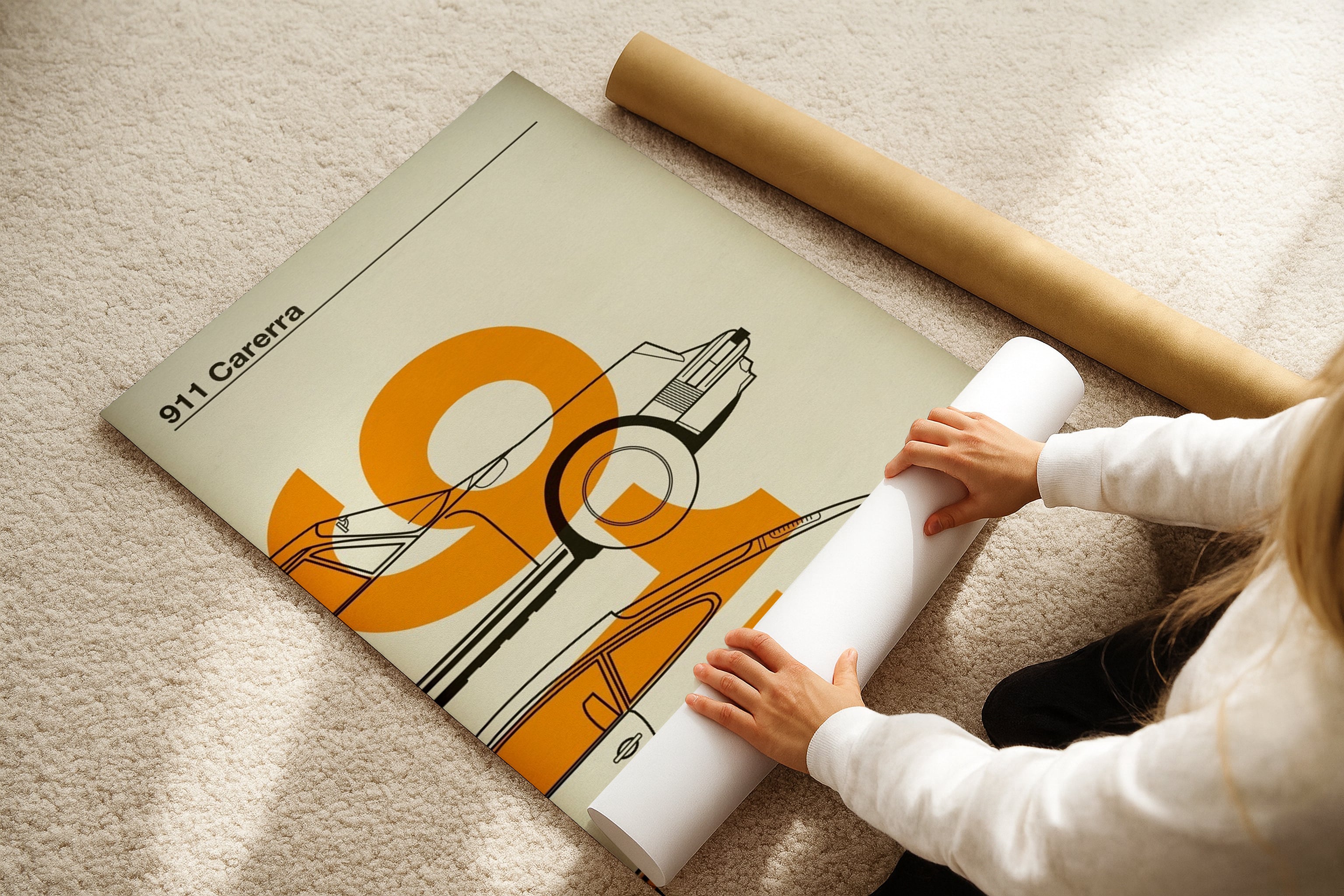 DIN A Ratio poster mockup on beige carpet with hands rolling print, PSD smart object template for artwork, photography, graphic design and Etsy wall art display