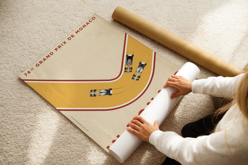 DIN A Ratio poster mockup on beige carpet with hands rolling print, PSD smart object template for artwork, photography, graphic design and Etsy wall art display