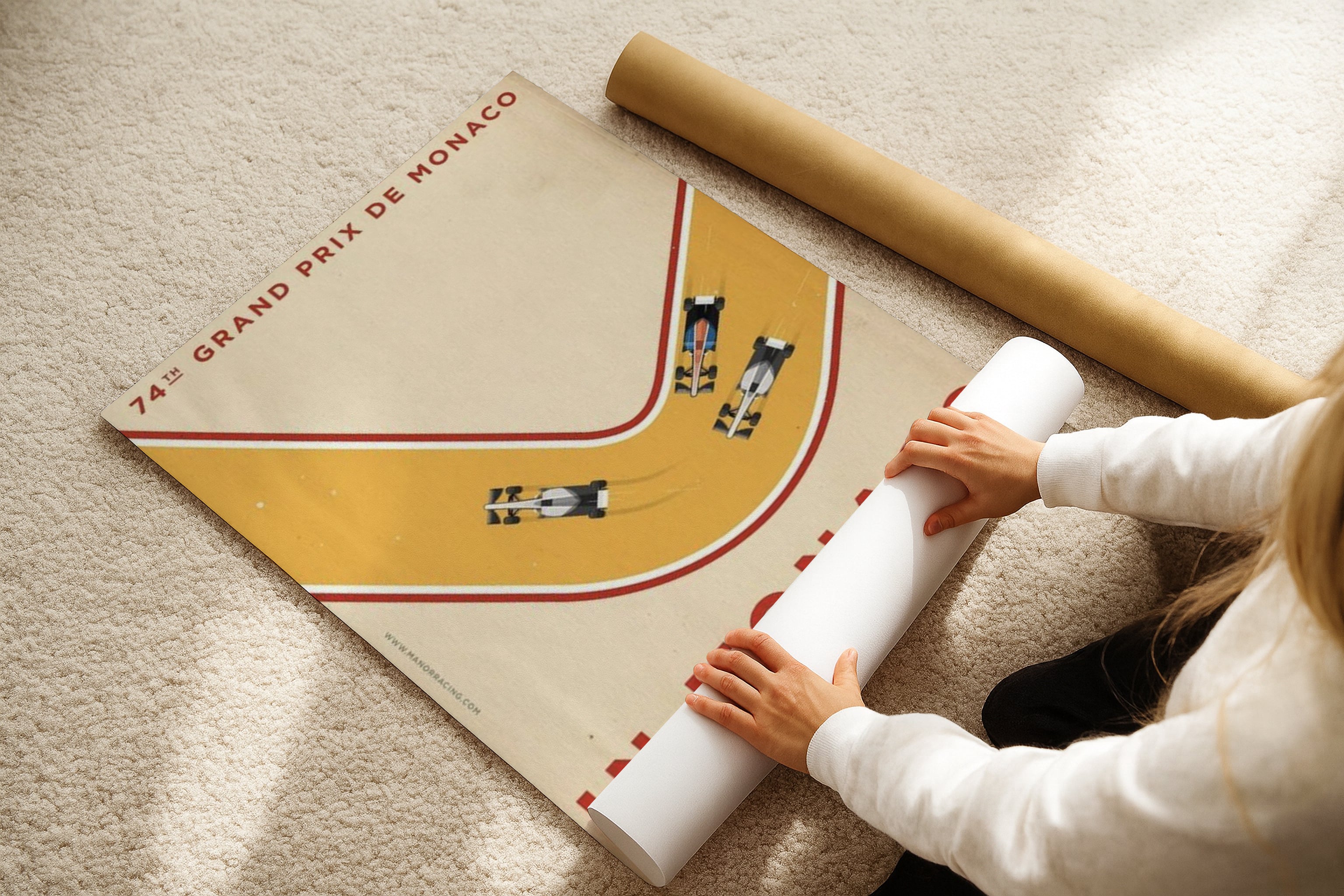 DIN A Ratio poster mockup on beige carpet with hands rolling print, PSD smart object template for artwork, photography, graphic design and Etsy wall art display
