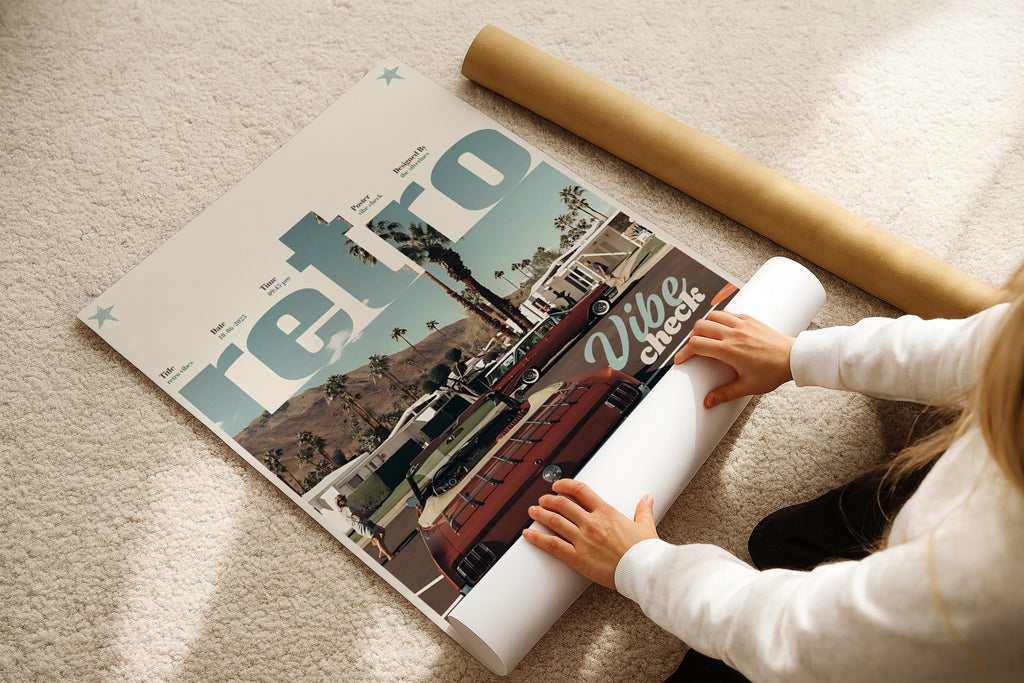 DIN A Ratio poster mockup on beige carpet with hands rolling print, PSD smart object template for artwork, photography, graphic design and Etsy wall art display
