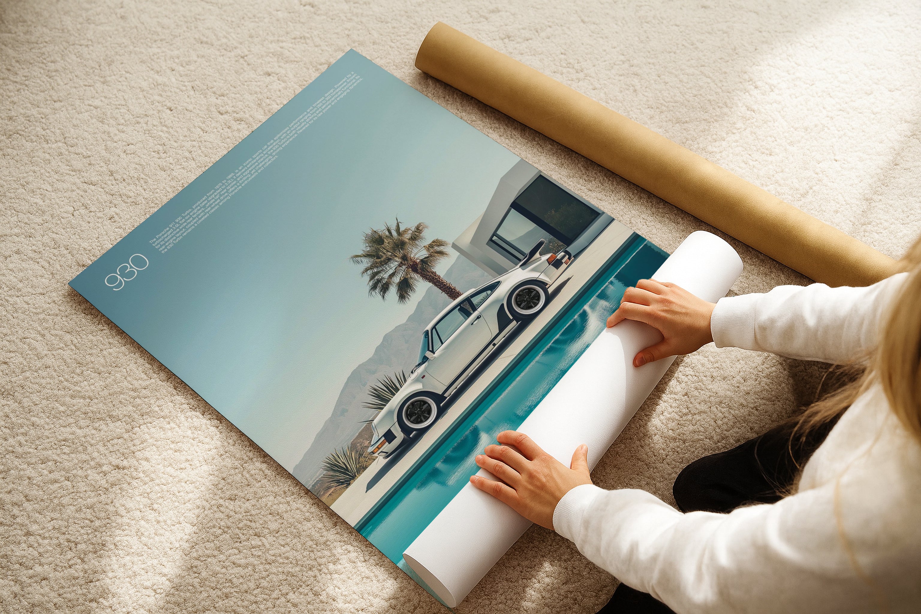DIN A Ratio poster mockup on beige carpet with hands rolling print, PSD smart object template for artwork, photography, graphic design and Etsy wall art display