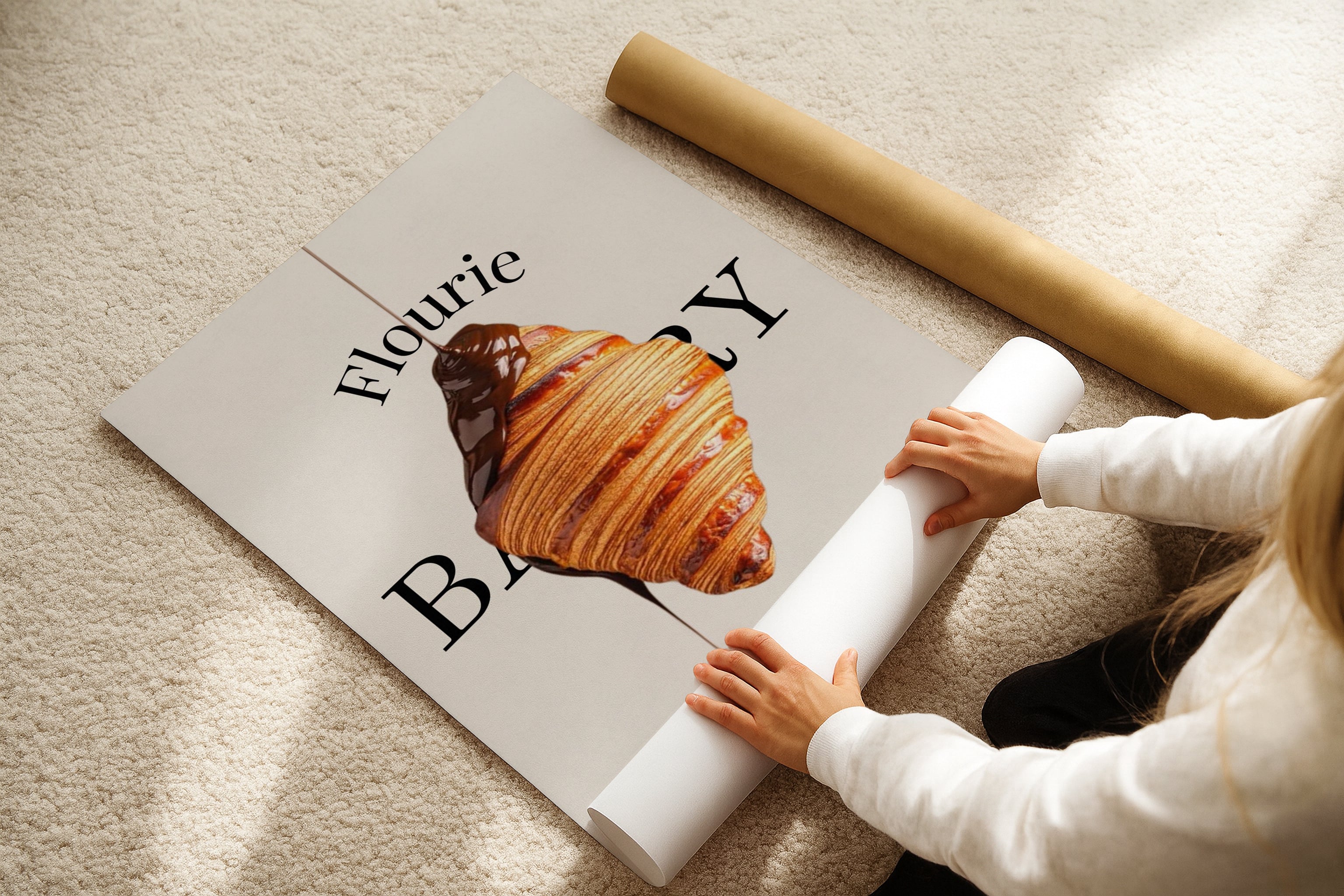 DIN A Ratio poster mockup on beige carpet with hands rolling print, PSD smart object template for artwork, photography, graphic design and Etsy wall art display