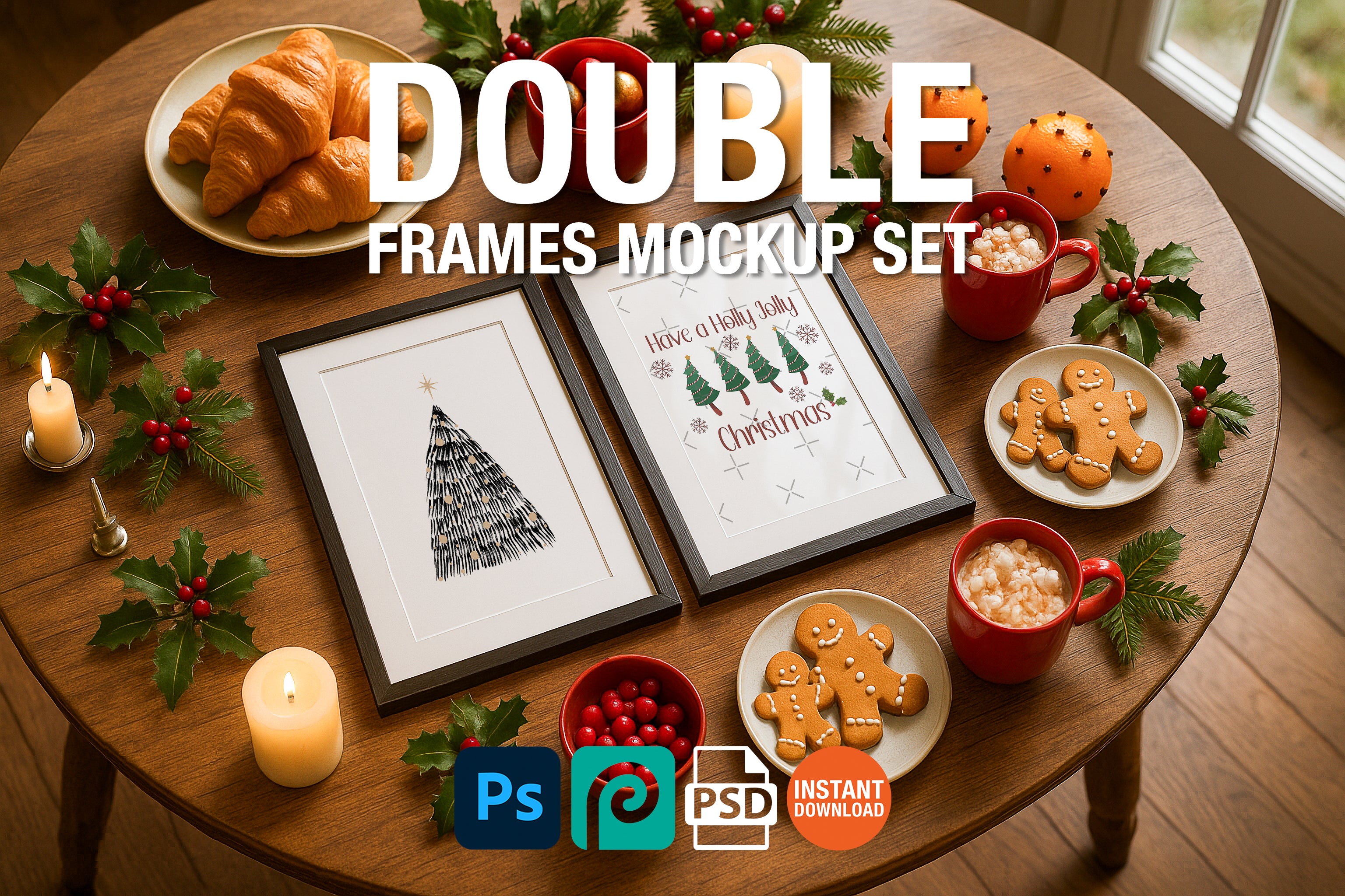 Christmas frame mockup on holiday breakfast table with gingerbread cookies, croissants, red mugs of cocoa, candles, holly leaves, and festive decorations