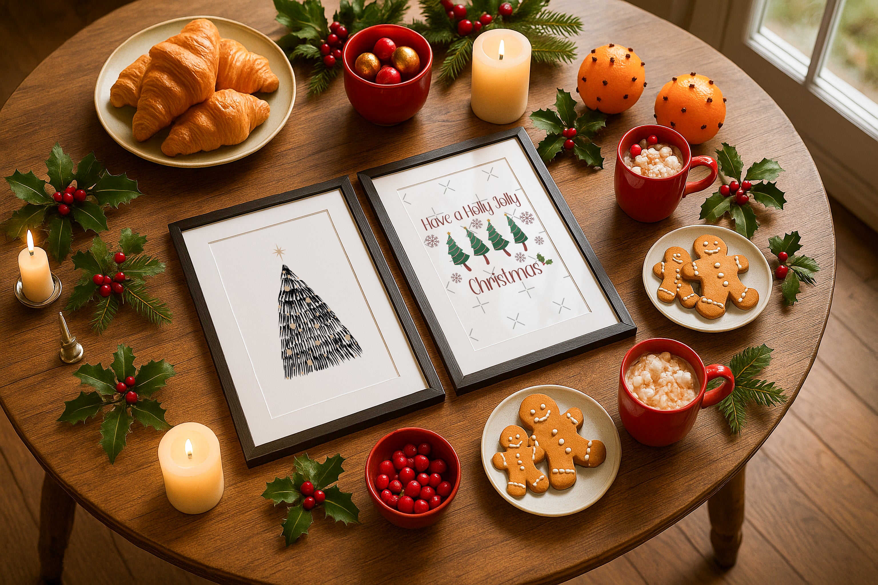 Christmas frame mockup on holiday breakfast table with gingerbread cookies, croissants, red mugs of cocoa, candles, holly leaves, and festive decorations