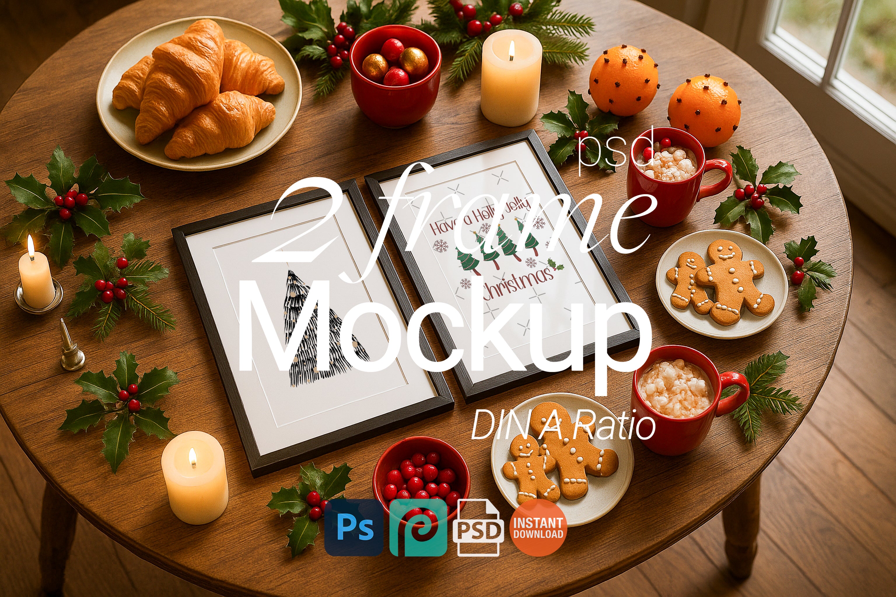 Christmas frame mockup on holiday breakfast table with gingerbread cookies, croissants, red mugs of cocoa, candles, holly leaves, and festive decorations