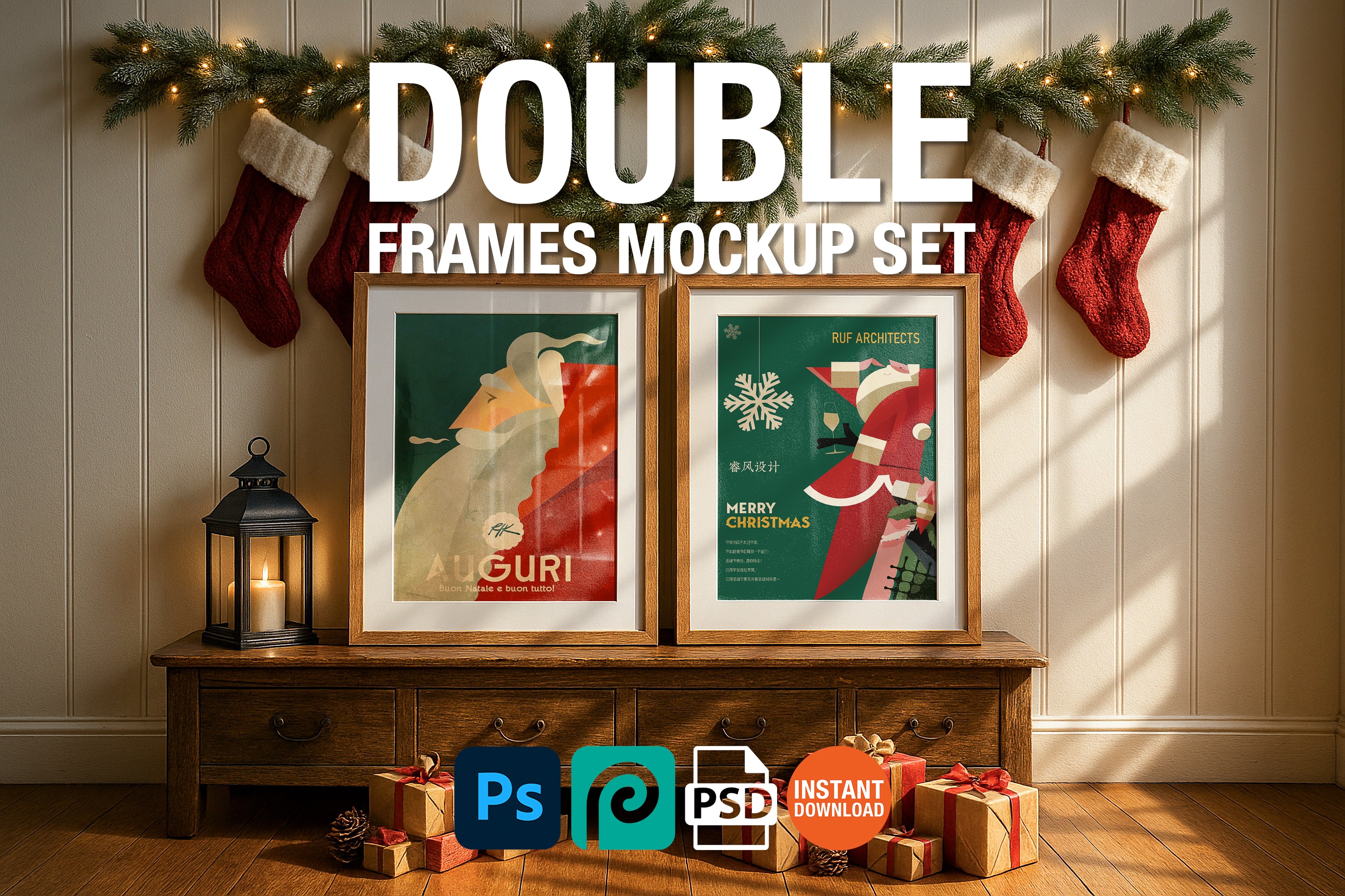 Christmas frame mockup with two wooden frames on cabinet, holiday wreath, red stockings, wrapped gifts, pinecones, and candle lantern in cozy festive interior.