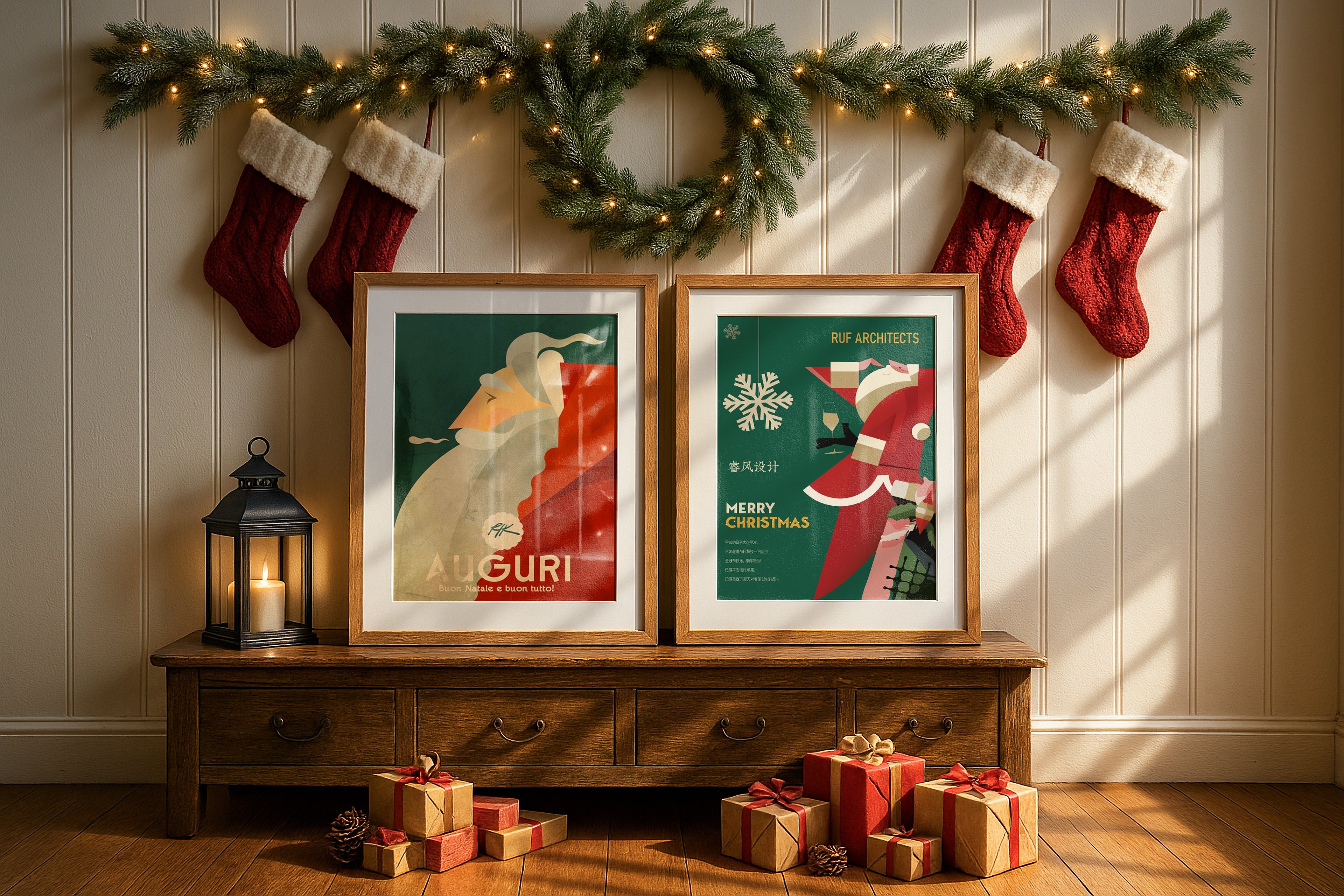 Christmas frame mockup with two wooden frames on cabinet, holiday wreath, red stockings, wrapped gifts, pinecones, and candle lantern in cozy festive interior.