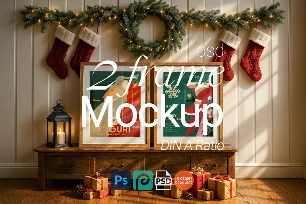 Christmas frame mockup with two wooden frames on cabinet, holiday wreath, red stockings, wrapped gifts, pinecones, and candle lantern in cozy festive interior.