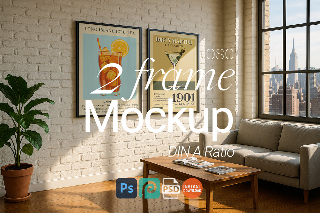 2 Frame Mockup Loft Apartment Poster Display Double Black Wall Art PSD Digital Download