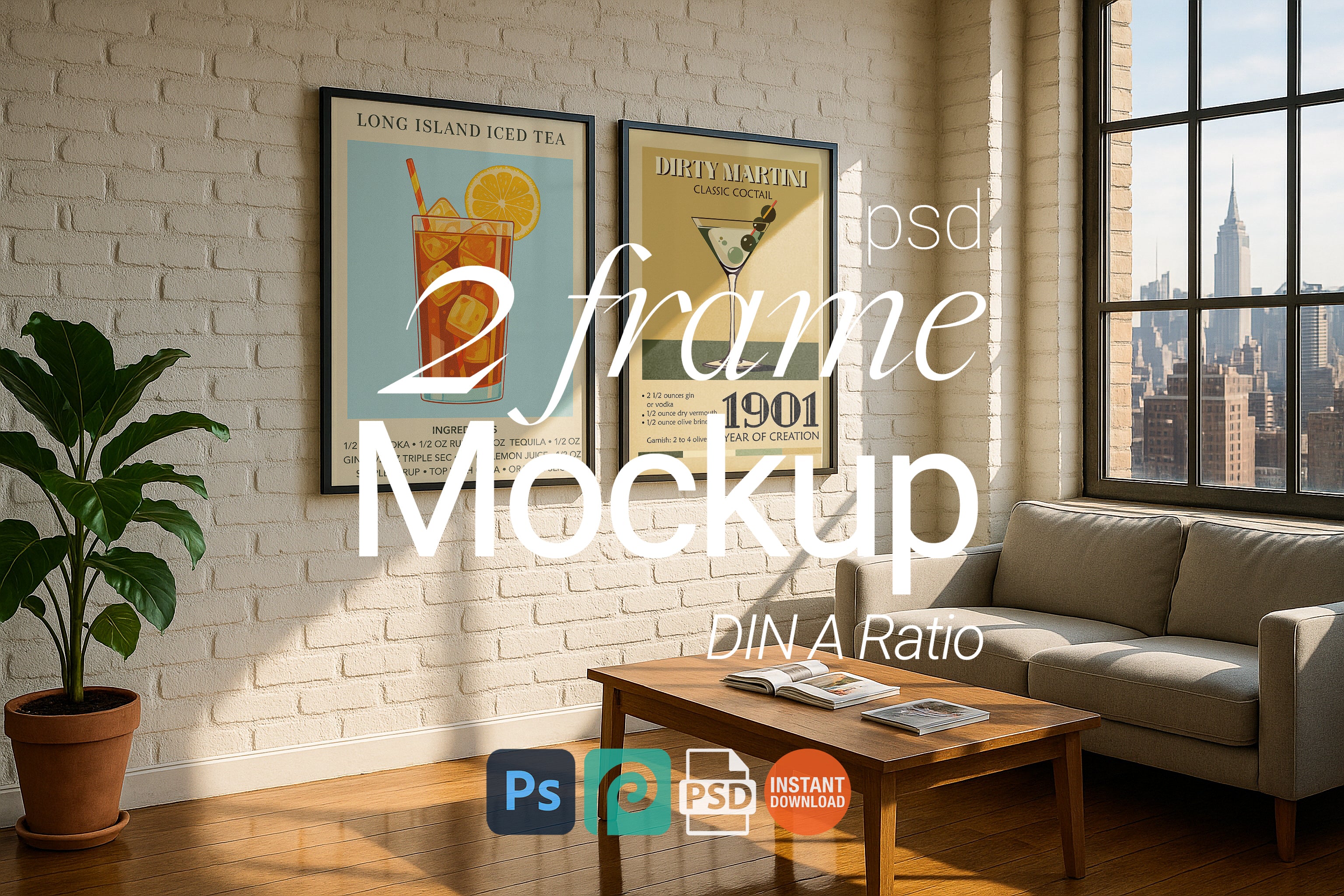 2 Frame Mockup Loft Apartment Poster Display Double Black Wall Art PSD Digital Download